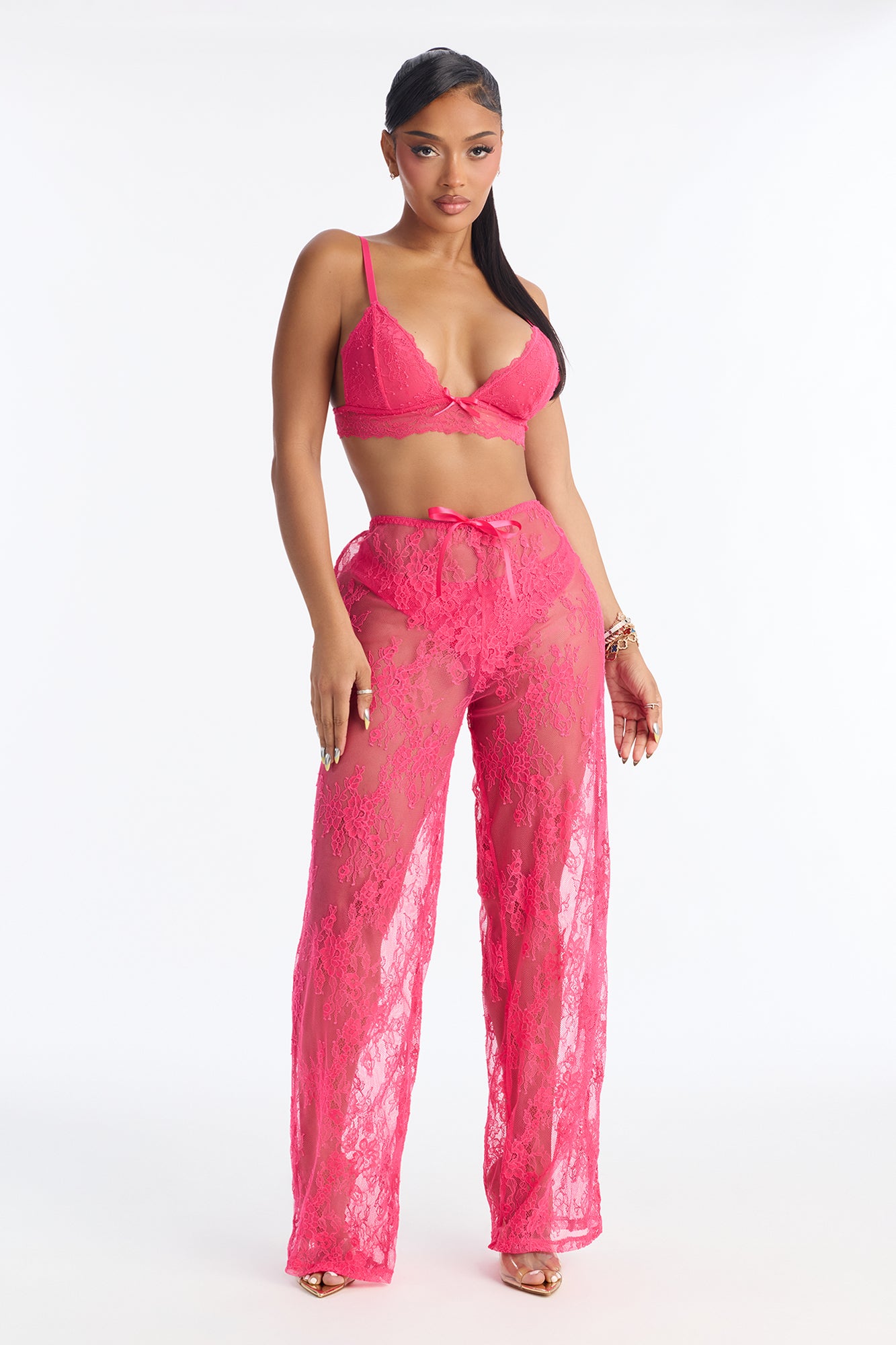 Darla 3 Piece Lace Bralette And Pant Set - Fuchsia