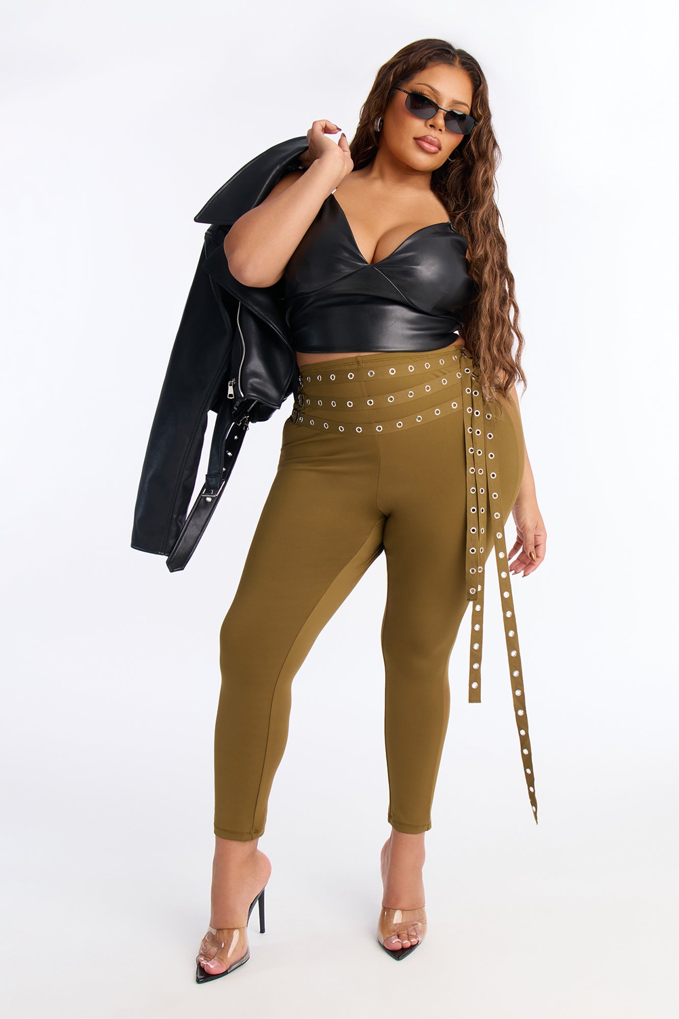Gia Belted Mesh Capri Legging - Military Green