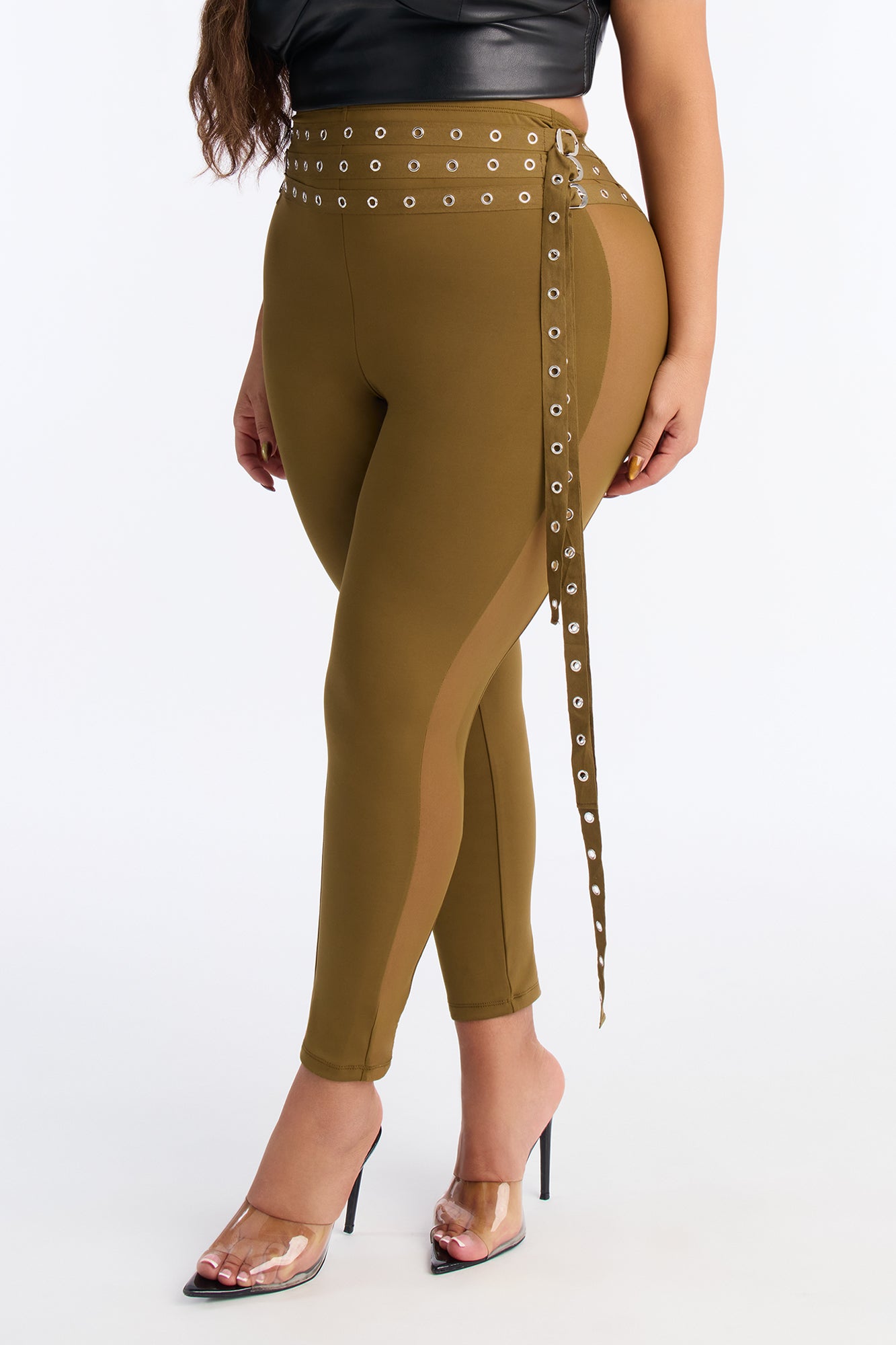 Gia Belted Mesh Capri Legging - Military Green