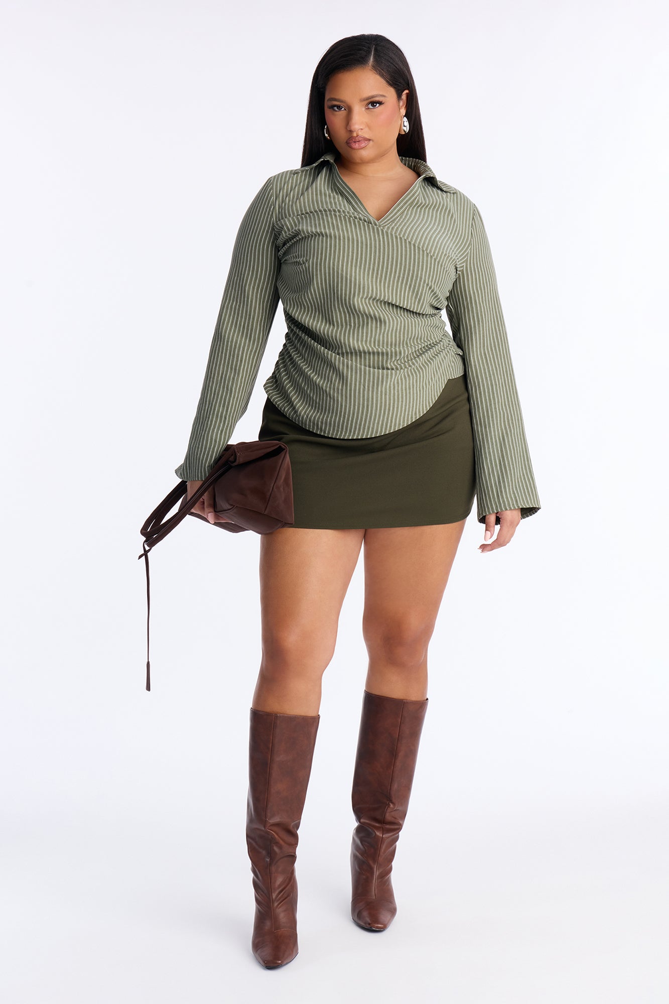 Modern Girl Ruched Pinstripe Top - Olive/combo