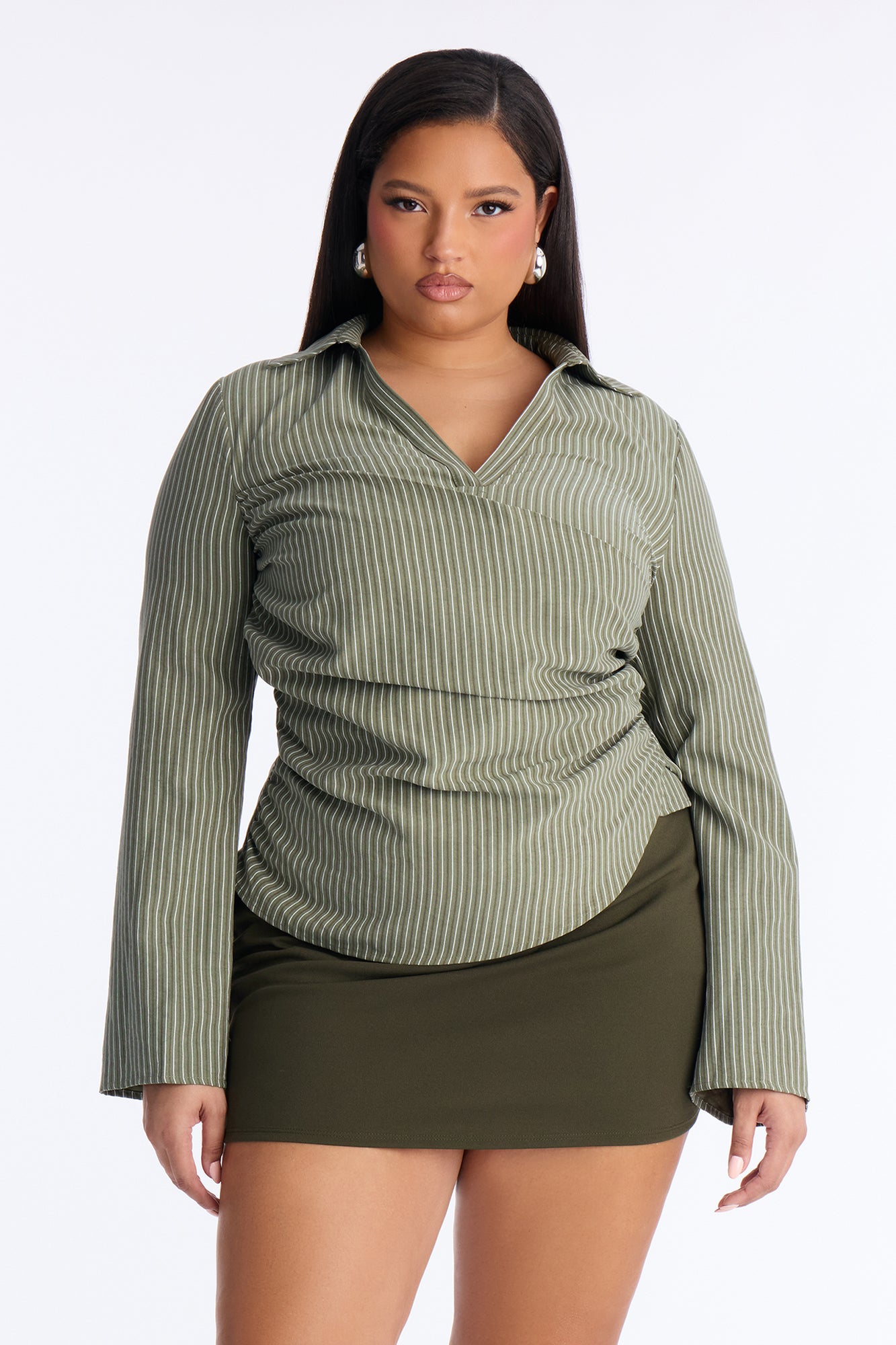 Modern Girl Ruched Pinstripe Top - Olive/combo