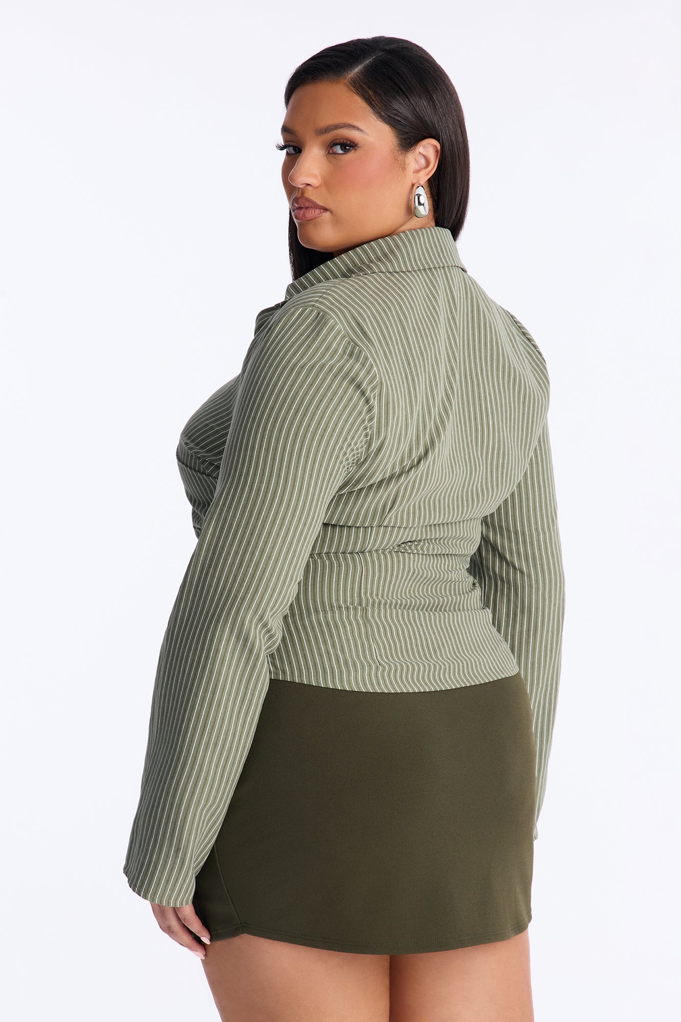 Modern Girl Ruched Pinstripe Top - Olive/combo
