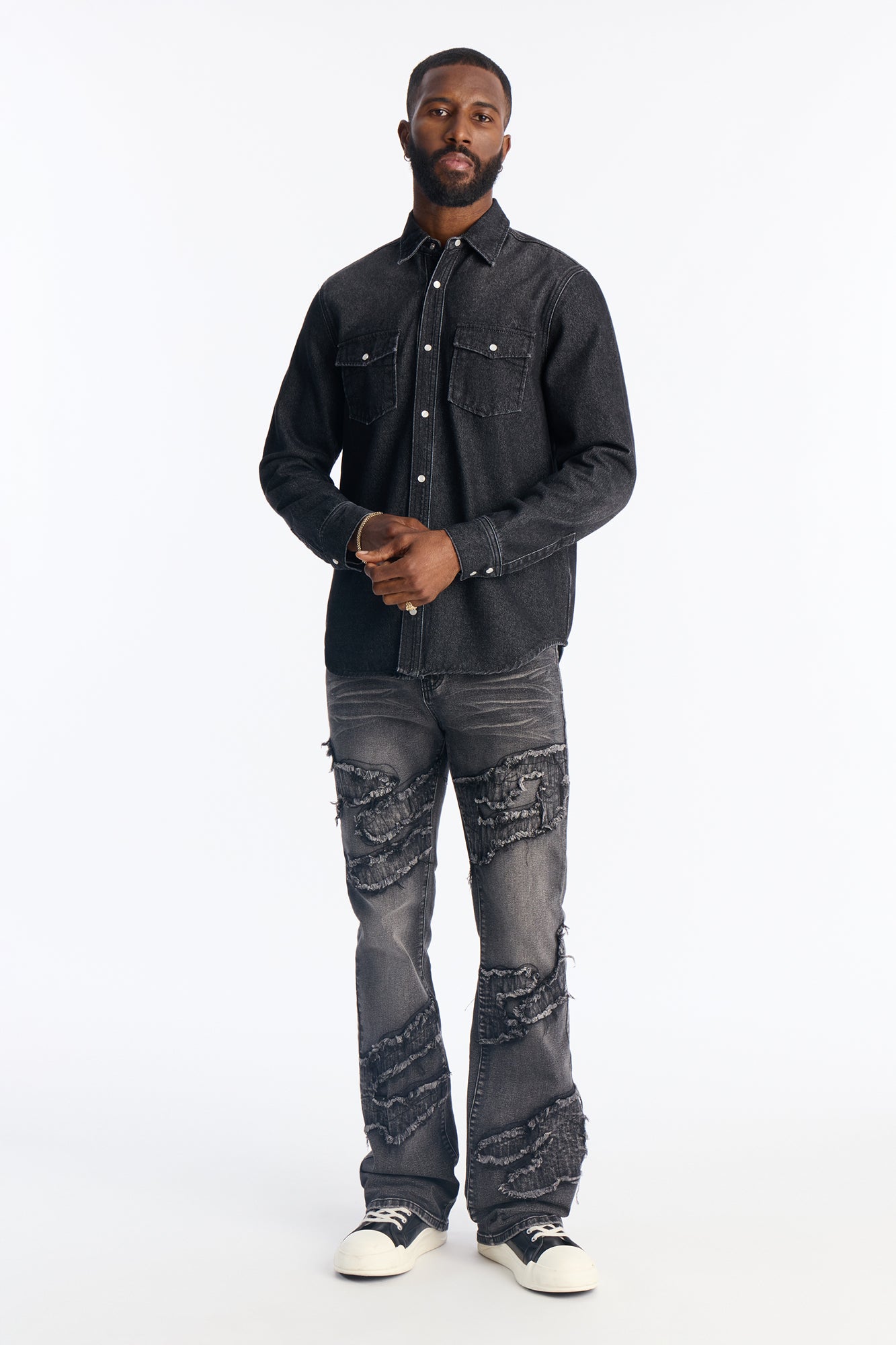 Stacked Slim Flare Fray Waves Jeans - Black Wash