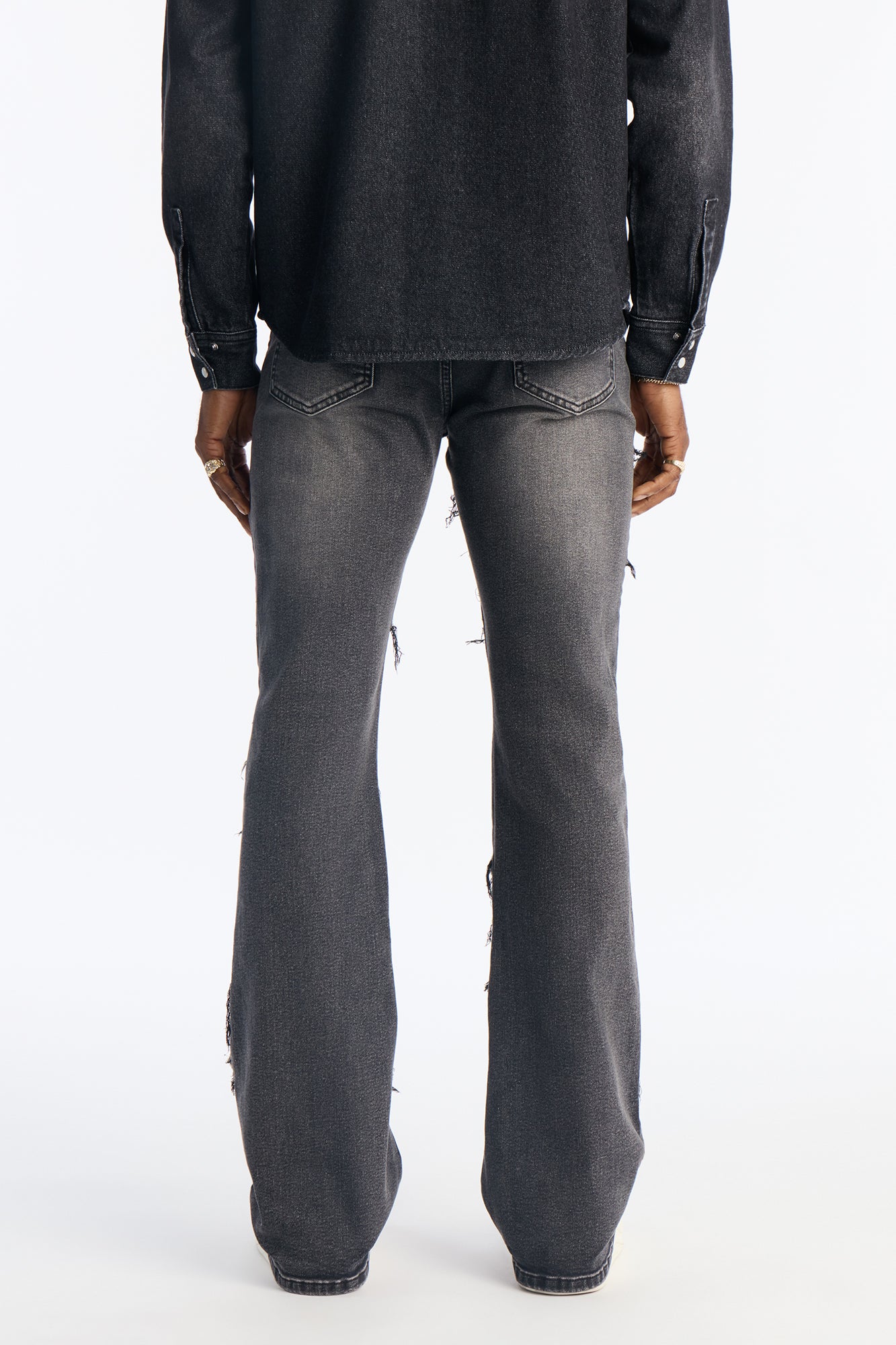 Stacked Slim Flare Fray Waves Jeans - Black Wash