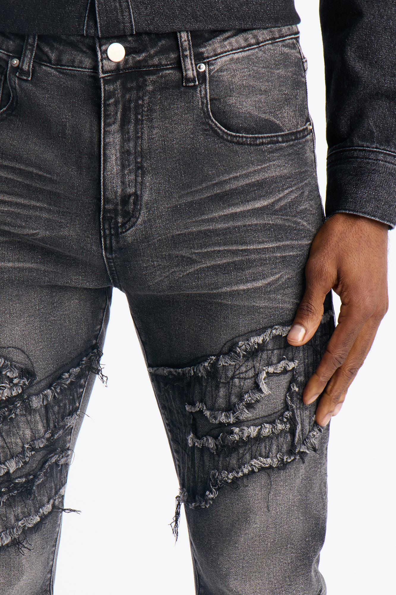 Stacked Slim Flare Fray Waves Jeans - Black Wash