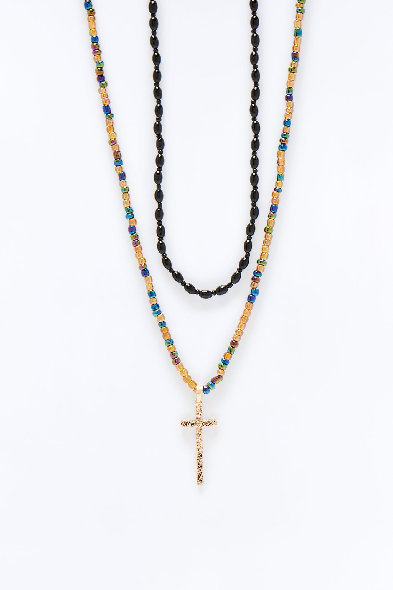 Layered Beaded Cross Necklace Set - Gold/Multi