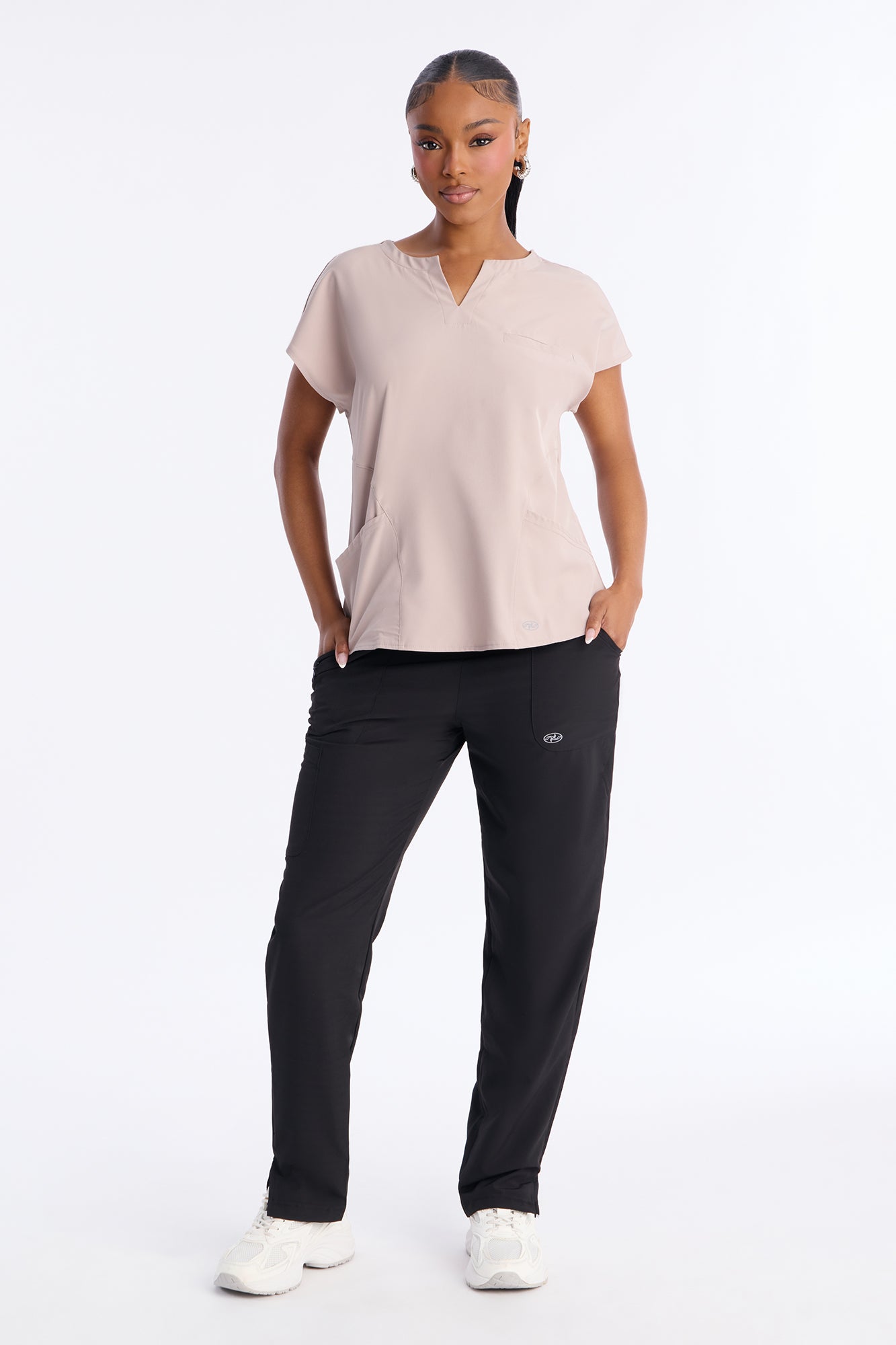 On My Rounds Stretch Split Neck Front Pocket Scrub Top - Taupe