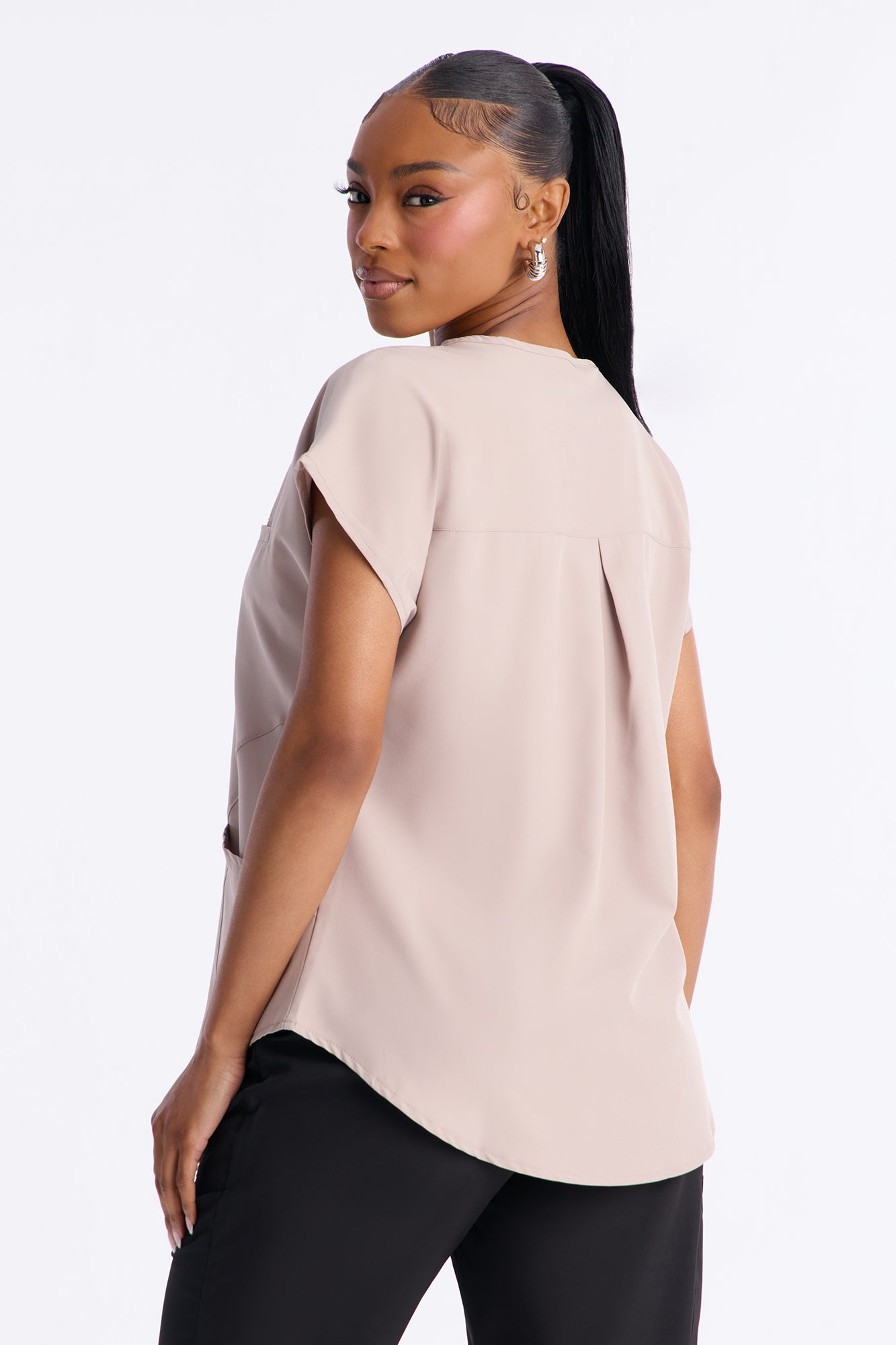 On My Rounds Stretch Split Neck Front Pocket Scrub Top - Taupe