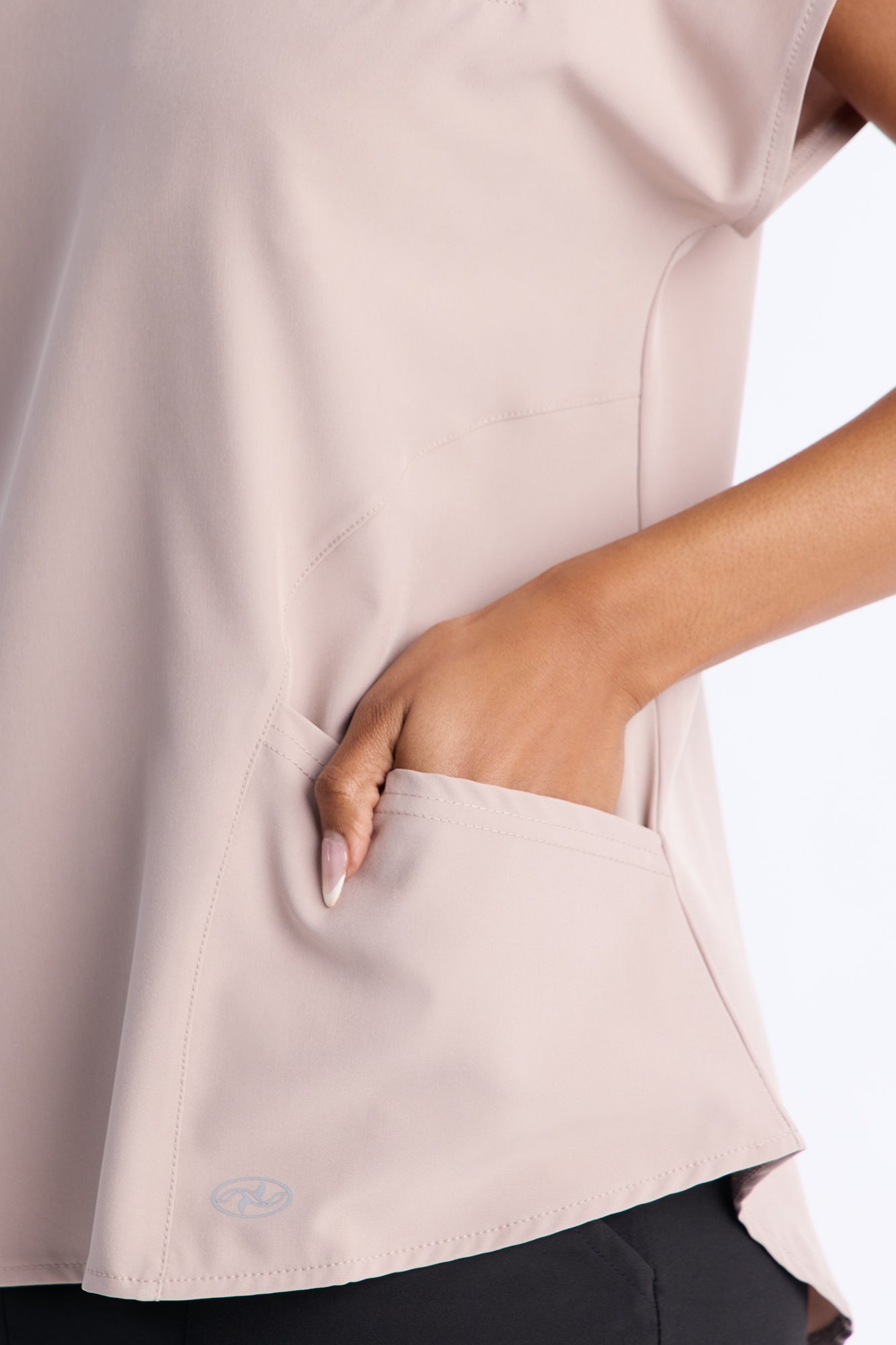 On My Rounds Stretch Split Neck Front Pocket Scrub Top - Taupe