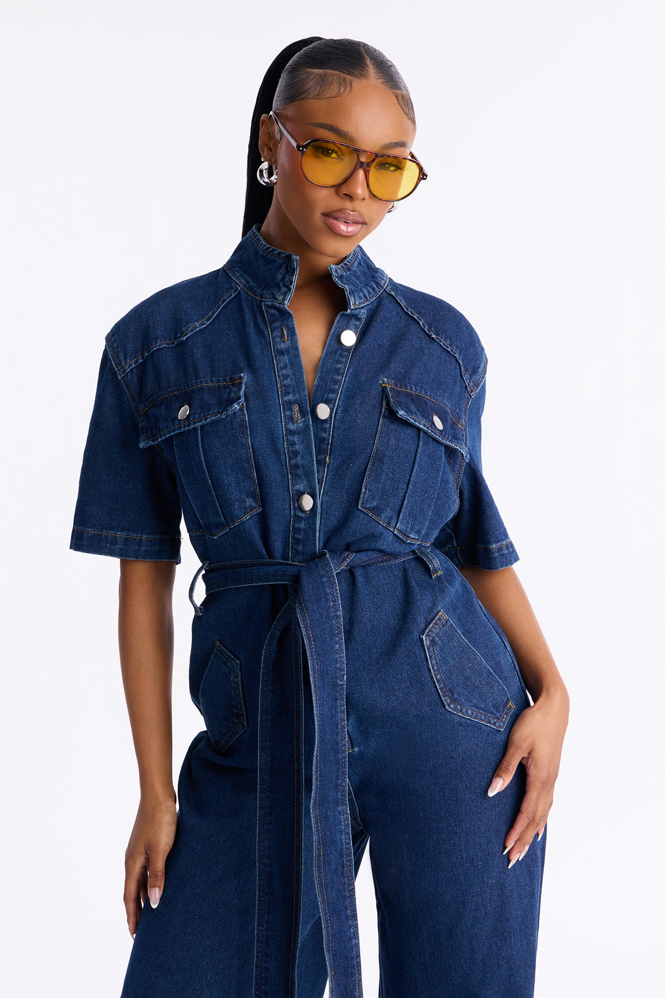 Nika Tie Waist Denim Jumpsuit - Dark Wash