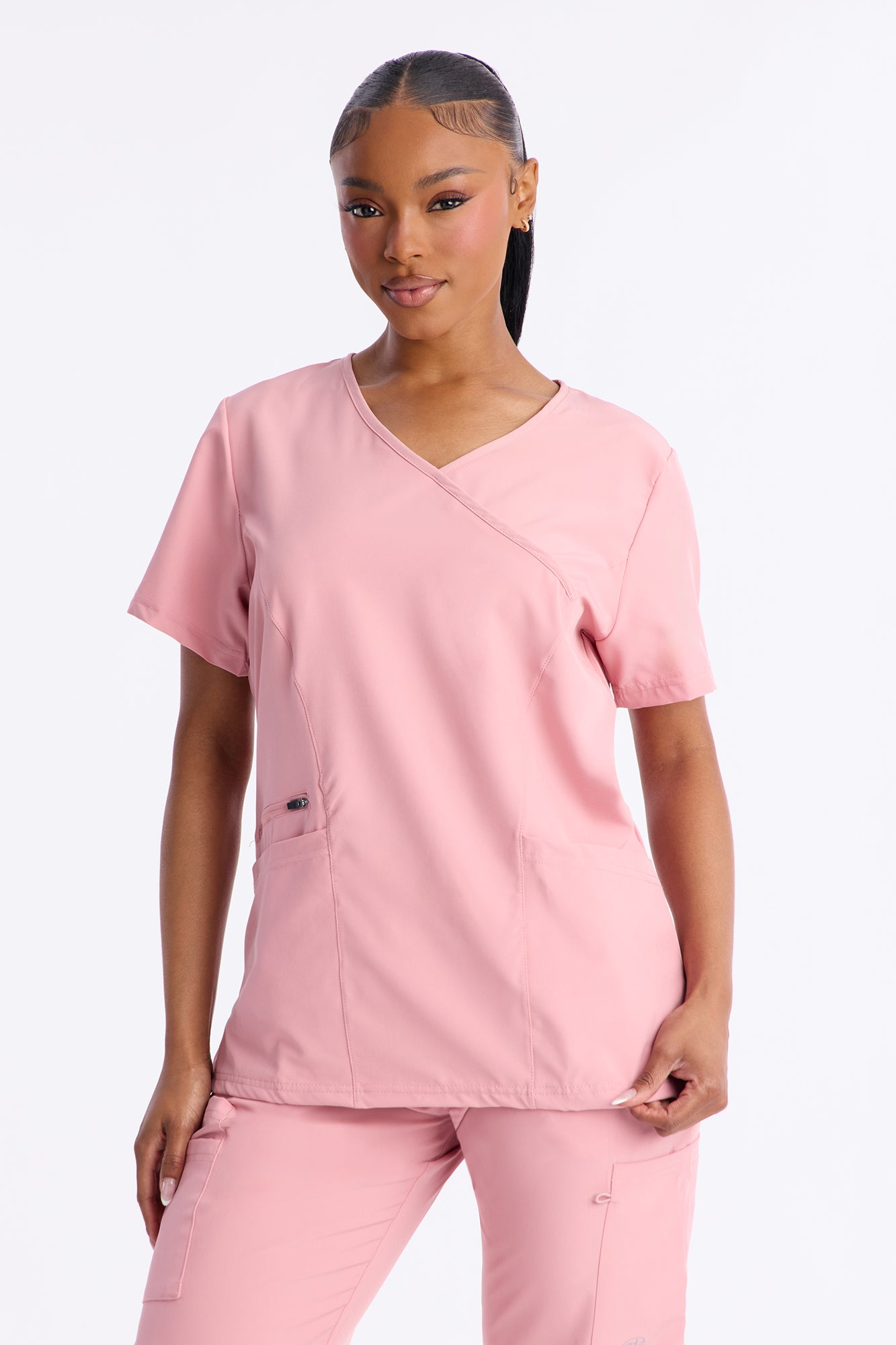 On High Alert Stretch Faux Wrap V Neck Scrub Top - Rose