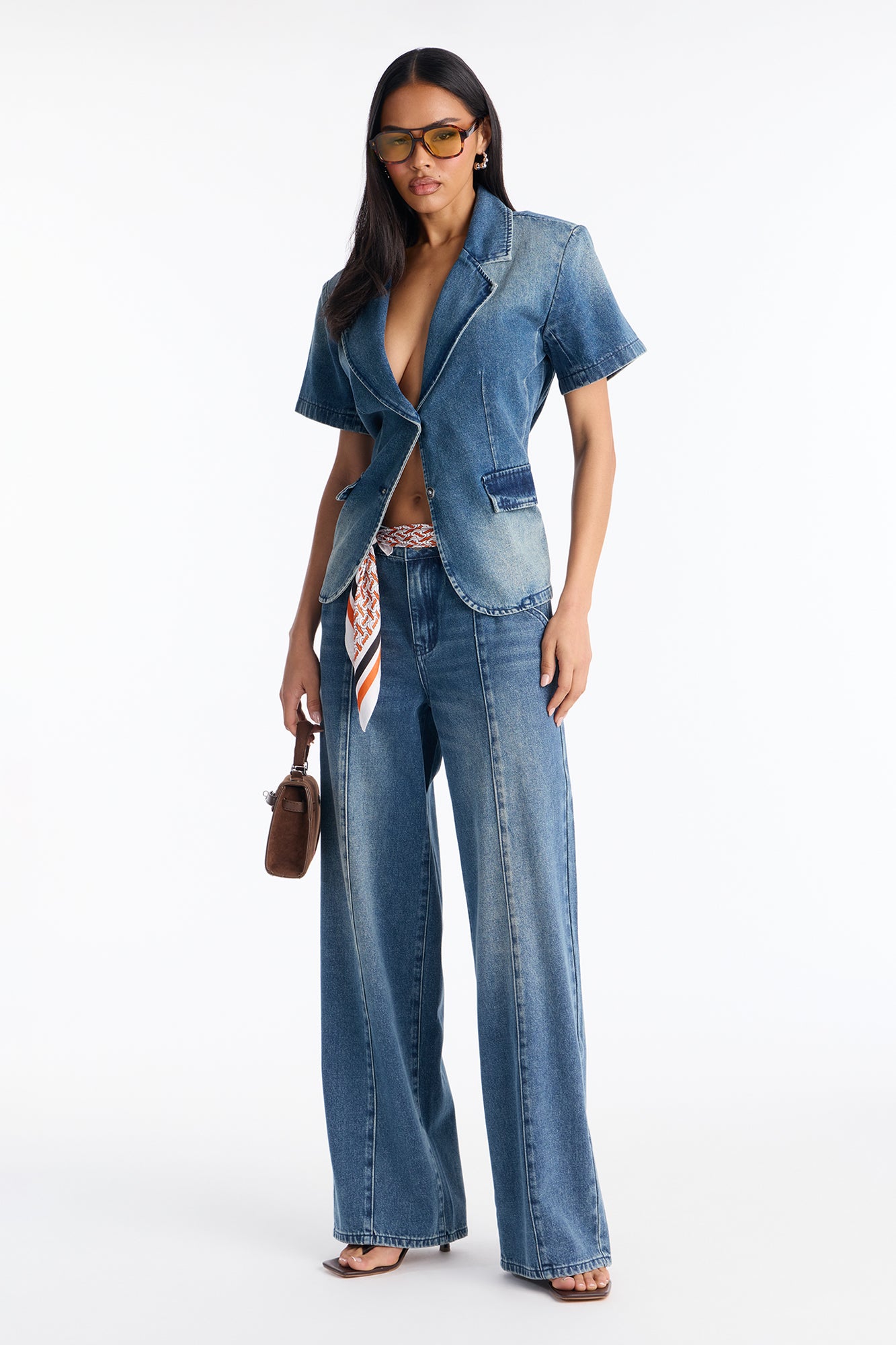 Lisa Short Sleeve Denim Blazer Pant Set - Denim