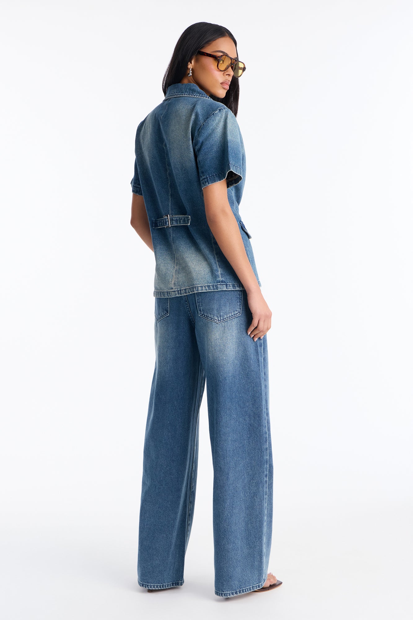 Lisa Short Sleeve Denim Blazer Pant Set - Denim