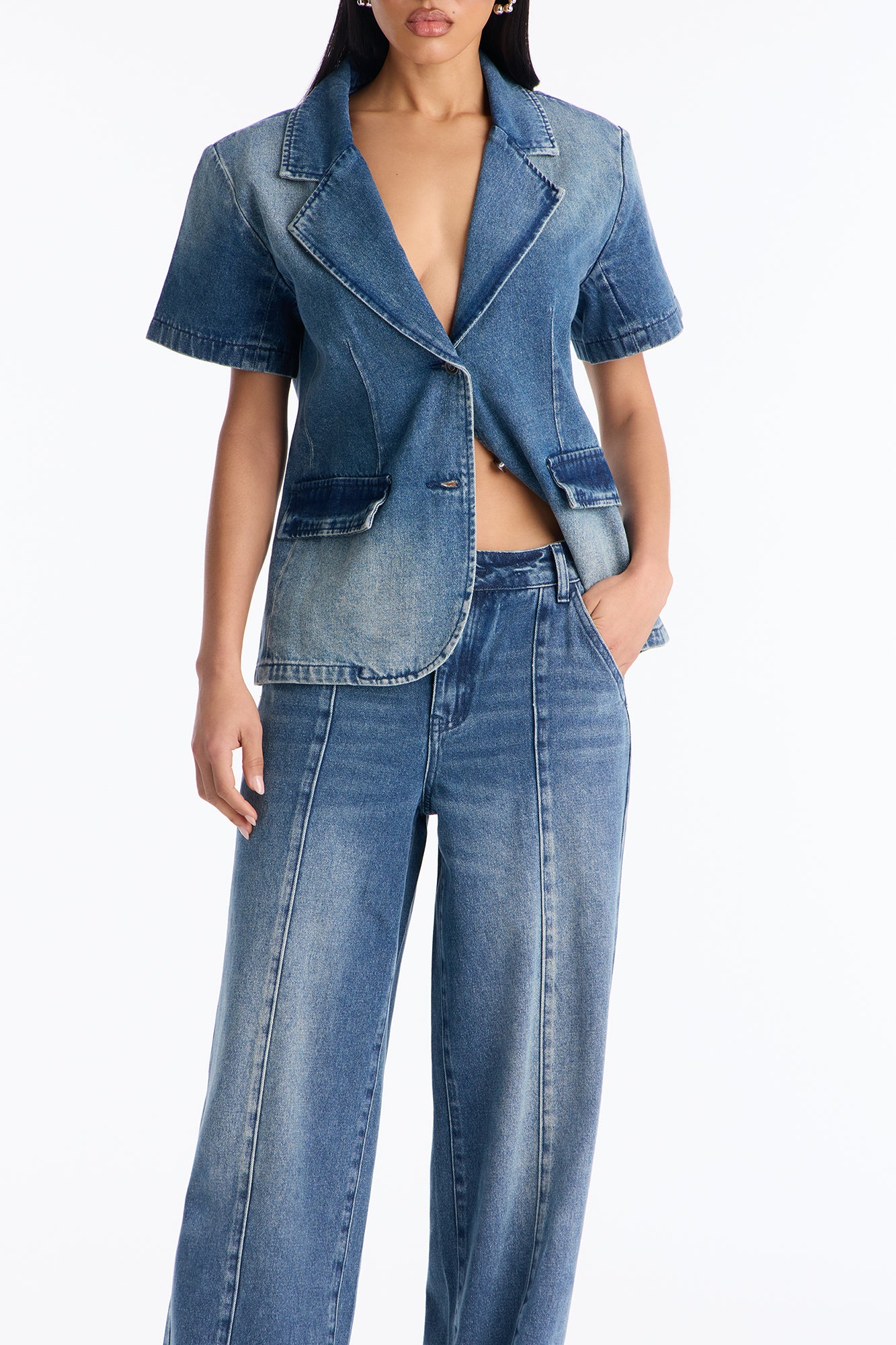 Lisa Short Sleeve Denim Blazer Pant Set - Denim