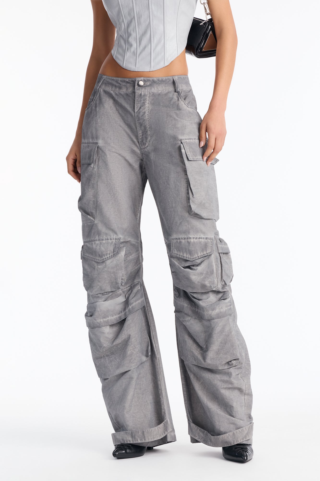 Talk It Up Oversized Distressed Washed Cargo Pant - Charcoal