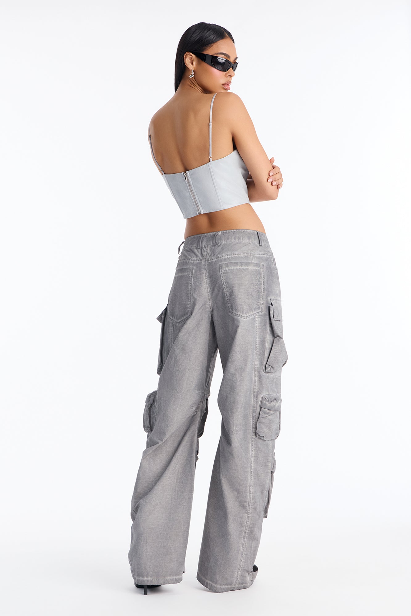 Talk It Up Oversized Distressed Washed Cargo Pant - Charcoal