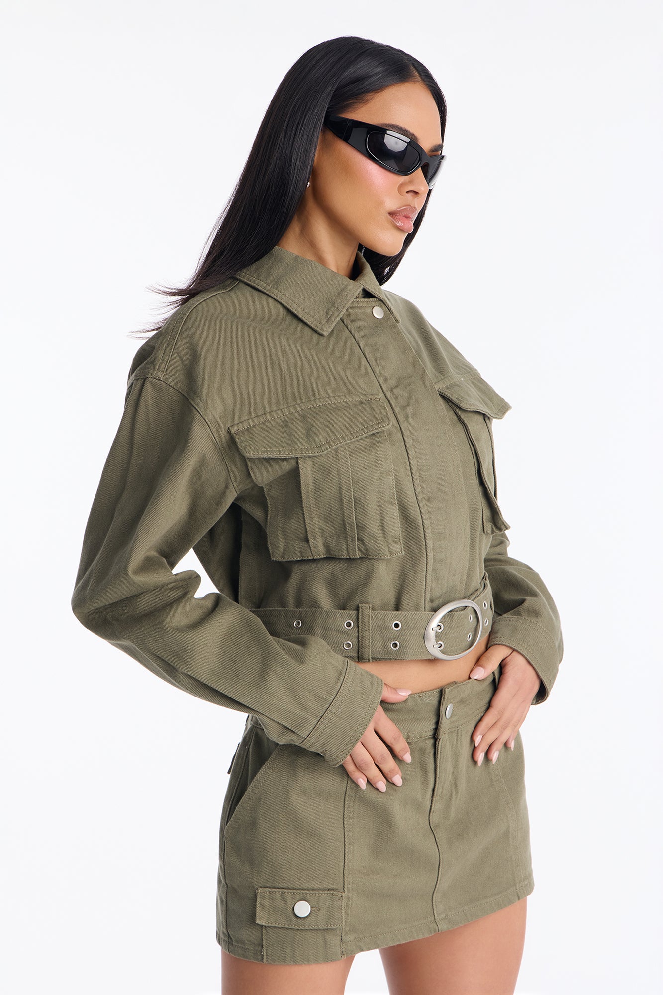 Jane Cargo Denim Mini Skirt Set - Olive