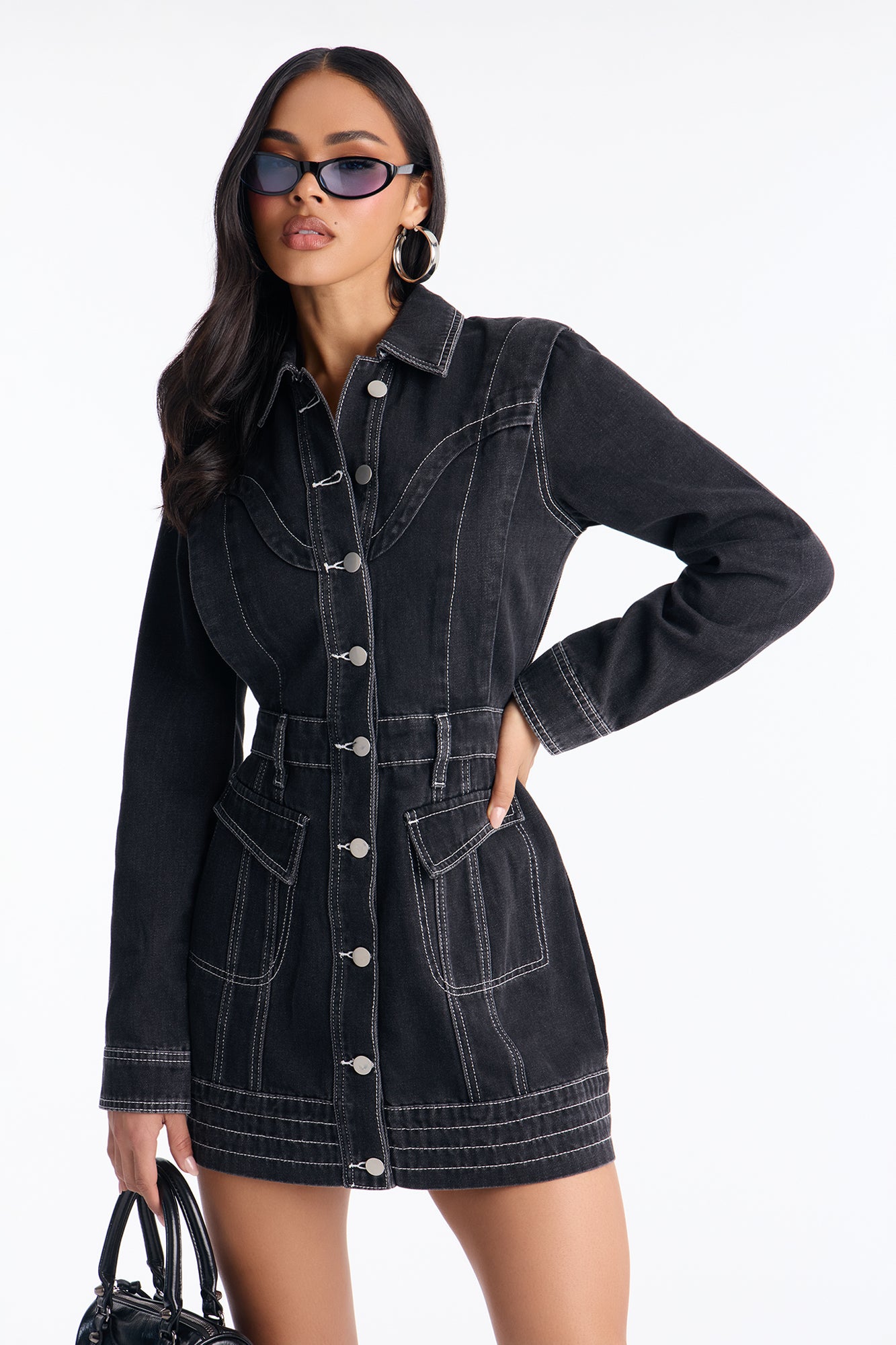 Round 'Em Up Long Sleeve Denim Mini Dress - Black