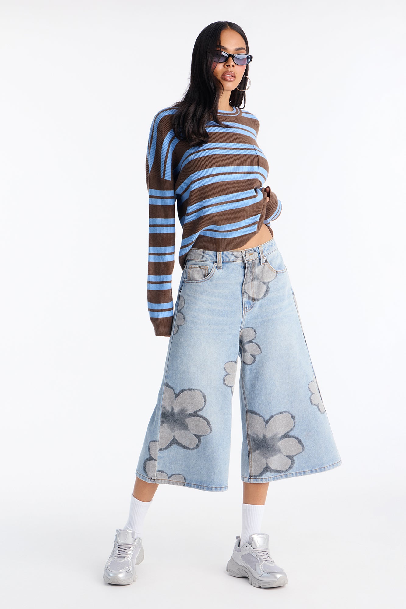 Born To Bloom Wide Leg Culotte Jeans - Light Wash