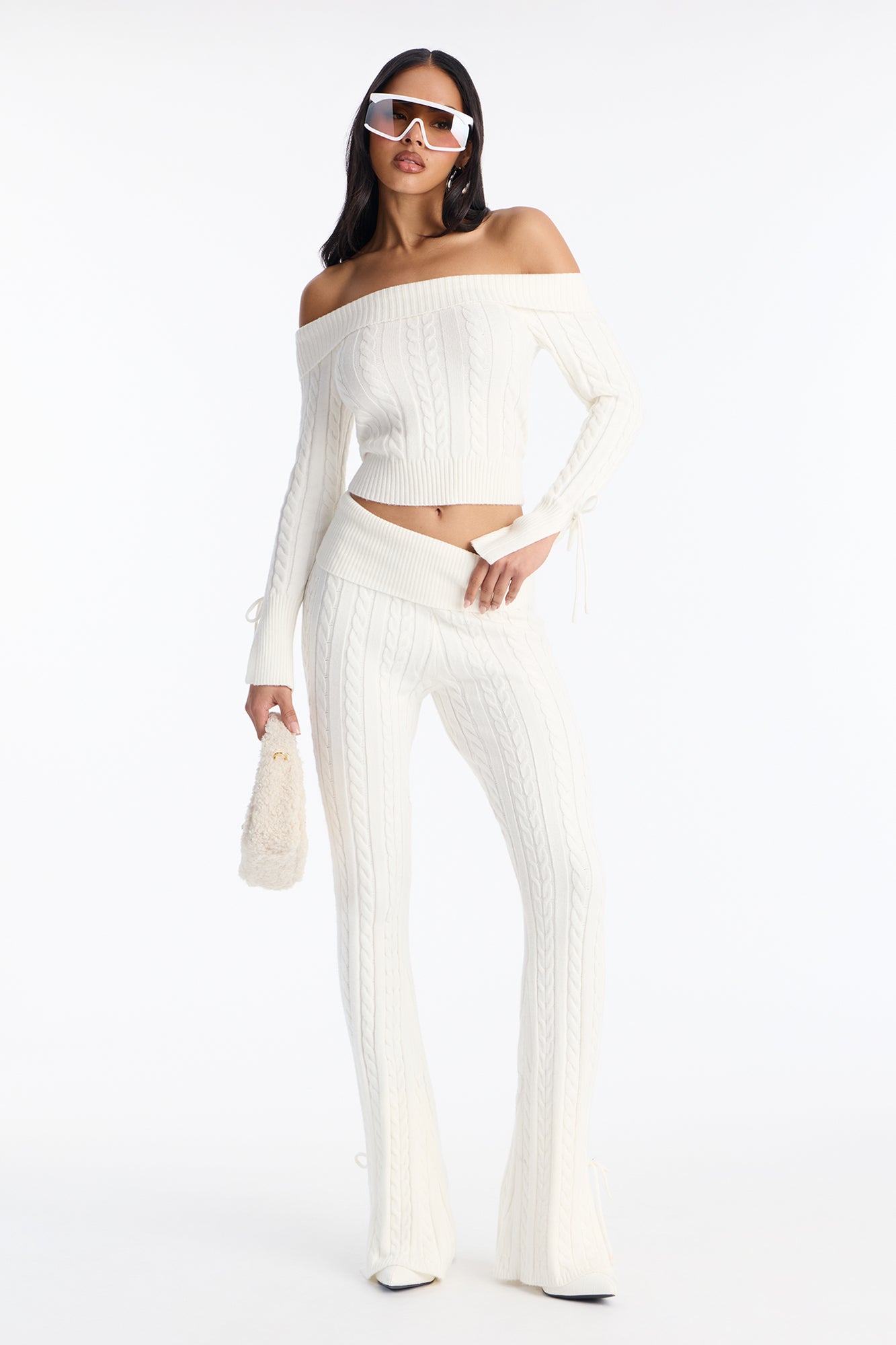 Mikayla Off Shoulder Sweater Pant Set - Cream