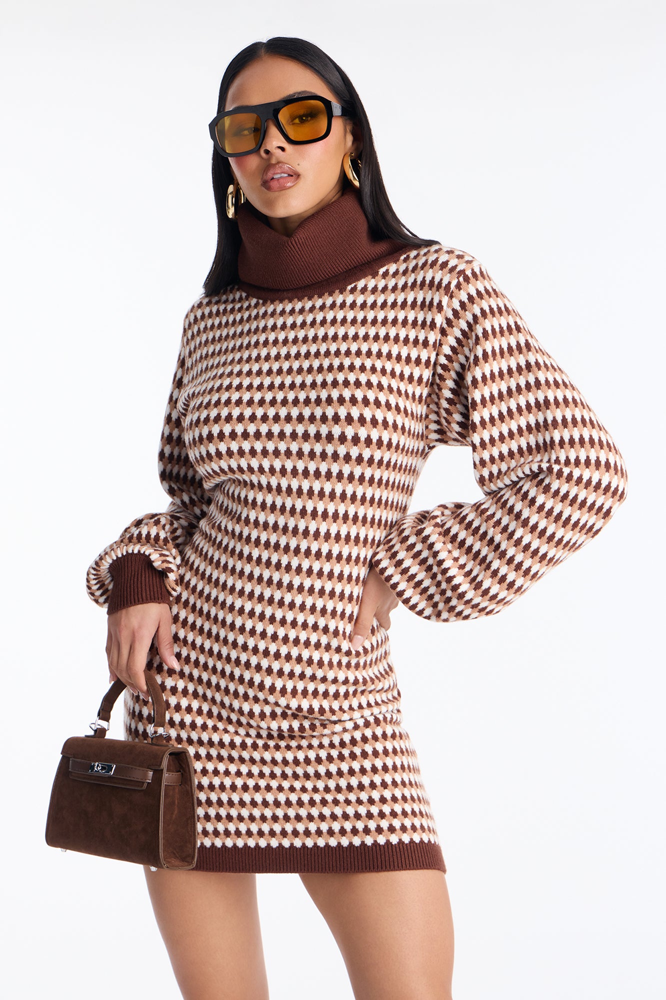 Mabel Long Sleeve Sweater Mini Dress - Brown Combo