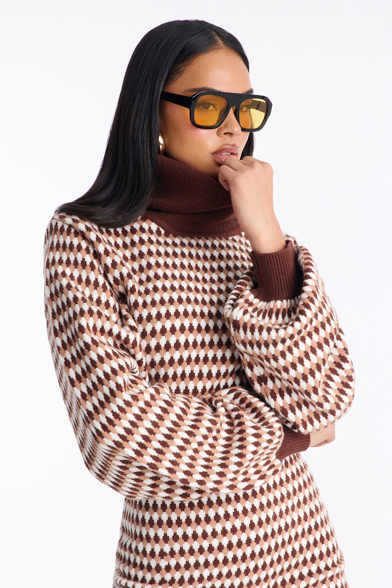 Mabel Long Sleeve Sweater Mini Dress - Brown Combo