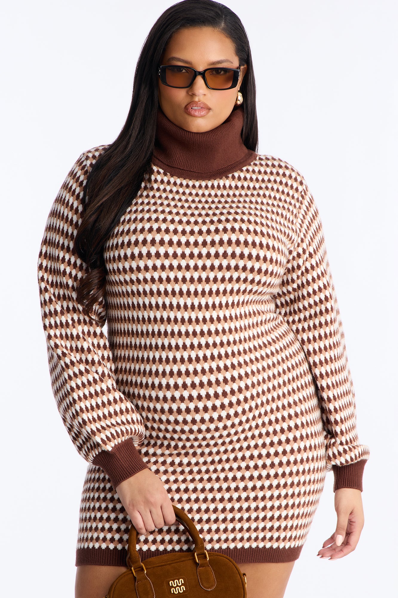 Mabel Long Sleeve Sweater Mini Dress - Brown Combo