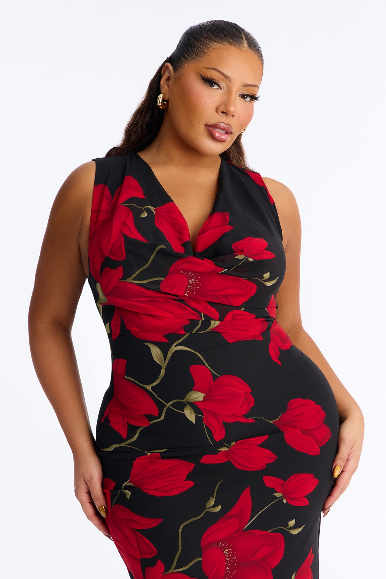 Adriana Floral Chiffon Midi Dress - Black/Red