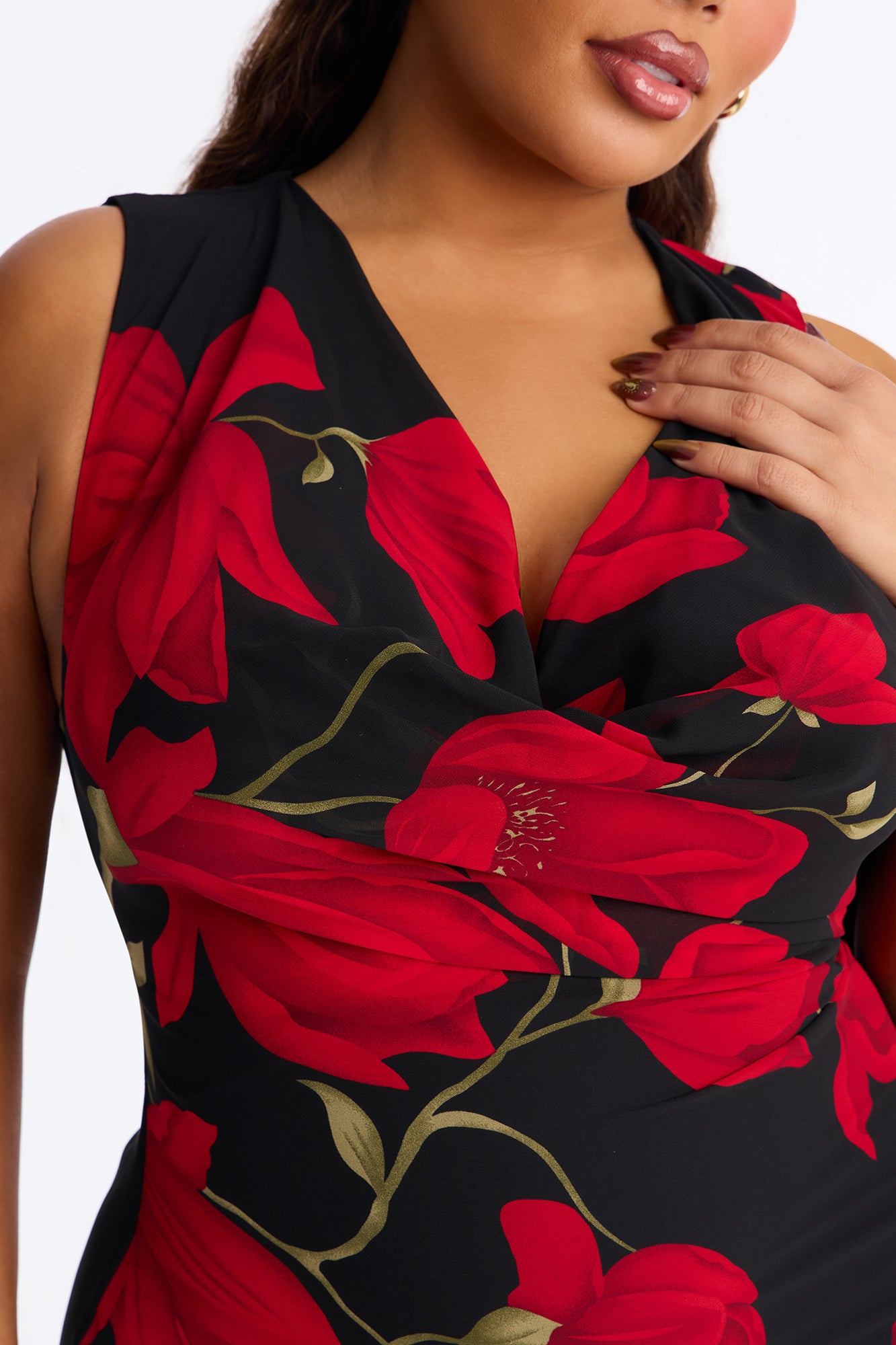 Adriana Floral Chiffon Midi Dress - Black/Red