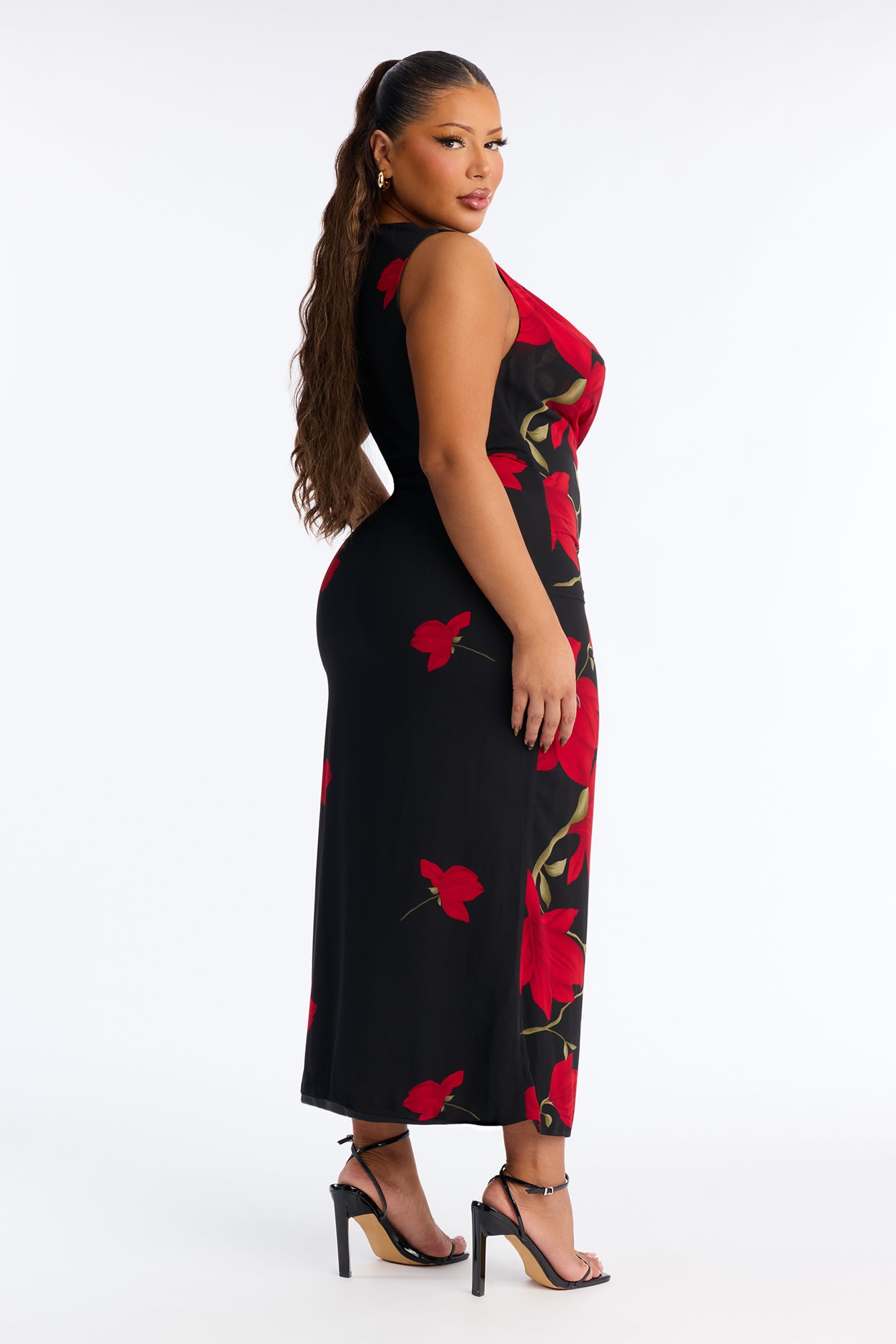 Adriana Floral Chiffon Midi Dress - Black/Red