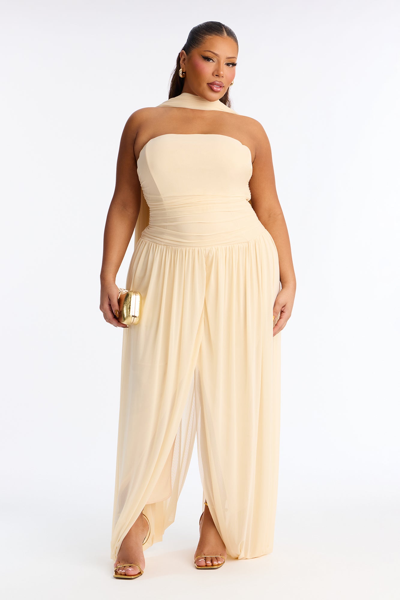Maeve Corset Draped Mesh Gown - Cream
