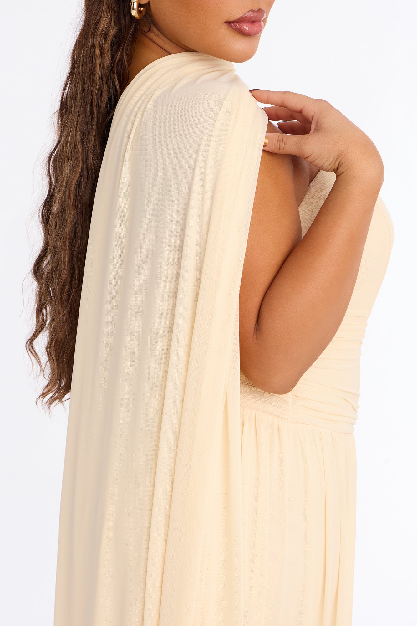 Maeve Corset Draped Mesh Gown - Cream