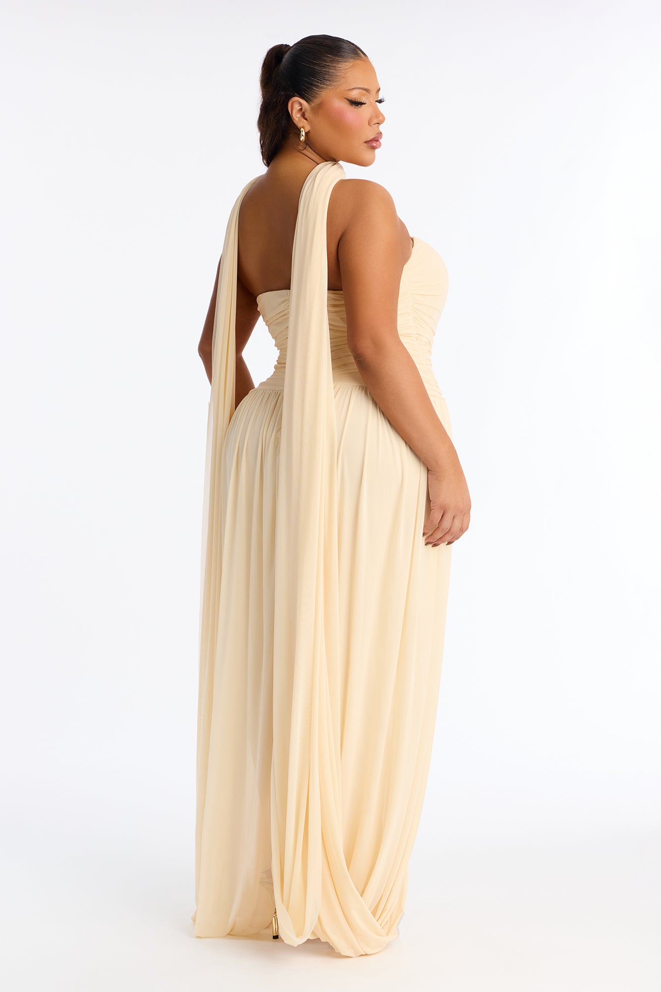 Maeve Corset Draped Mesh Gown - Cream
