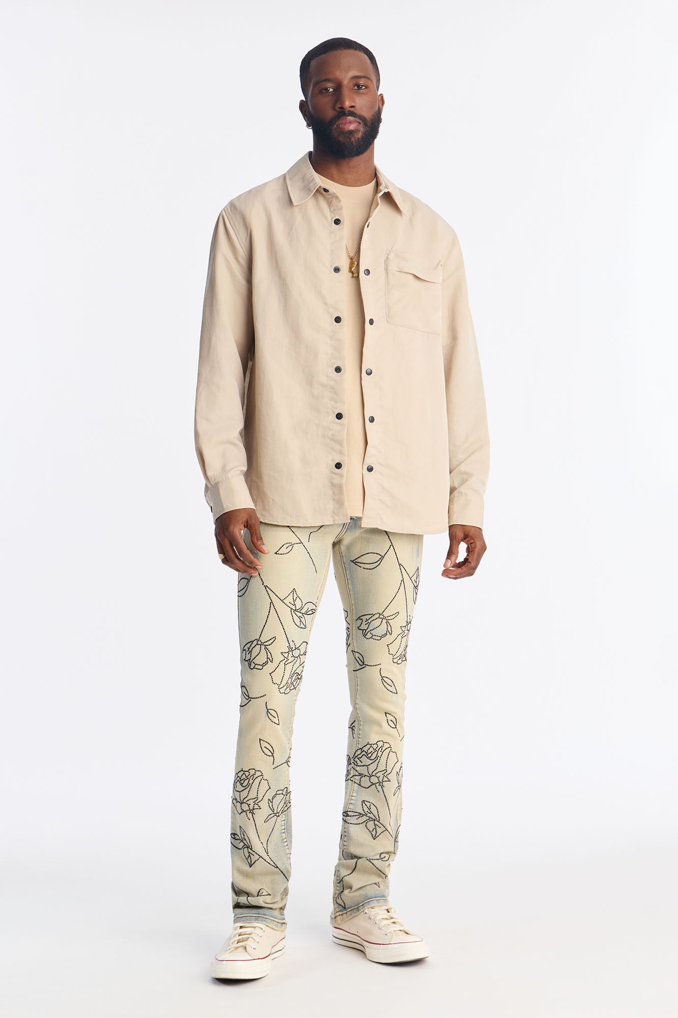 Stacked Skinny Flare Embroidered Falling Roses Jean - Light Wash