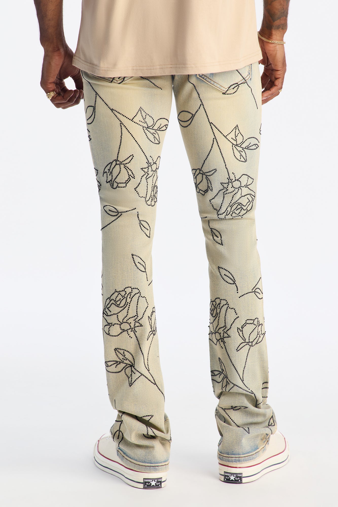 Stacked Skinny Flare Embroidered Falling Roses Jean - Light Wash