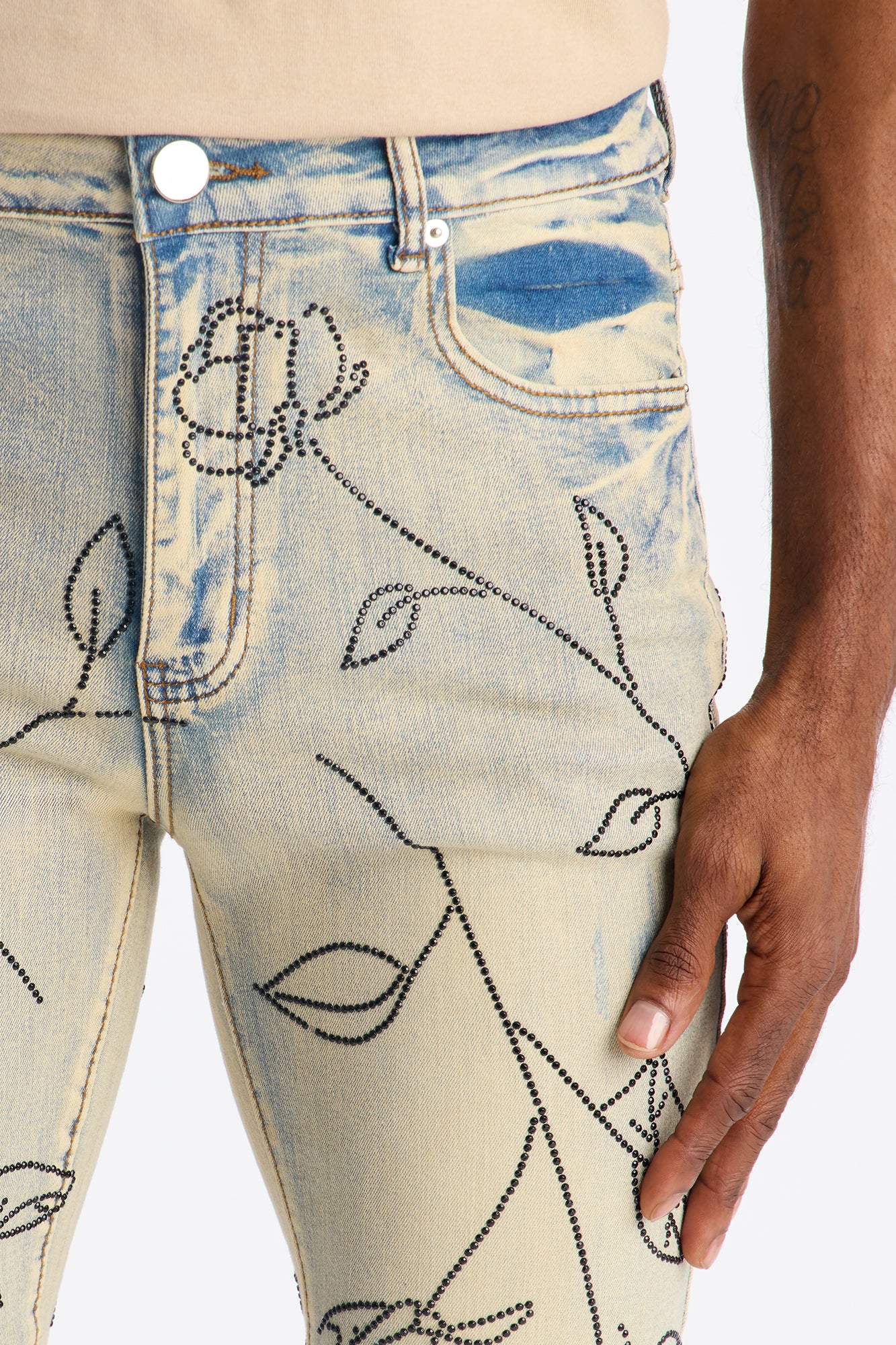 Stacked Skinny Flare Embroidered Falling Roses Jean - Light Wash