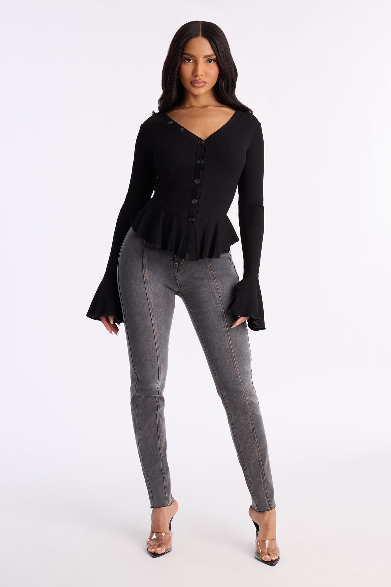 Arrow Long Sleeve Button Up Top - Black