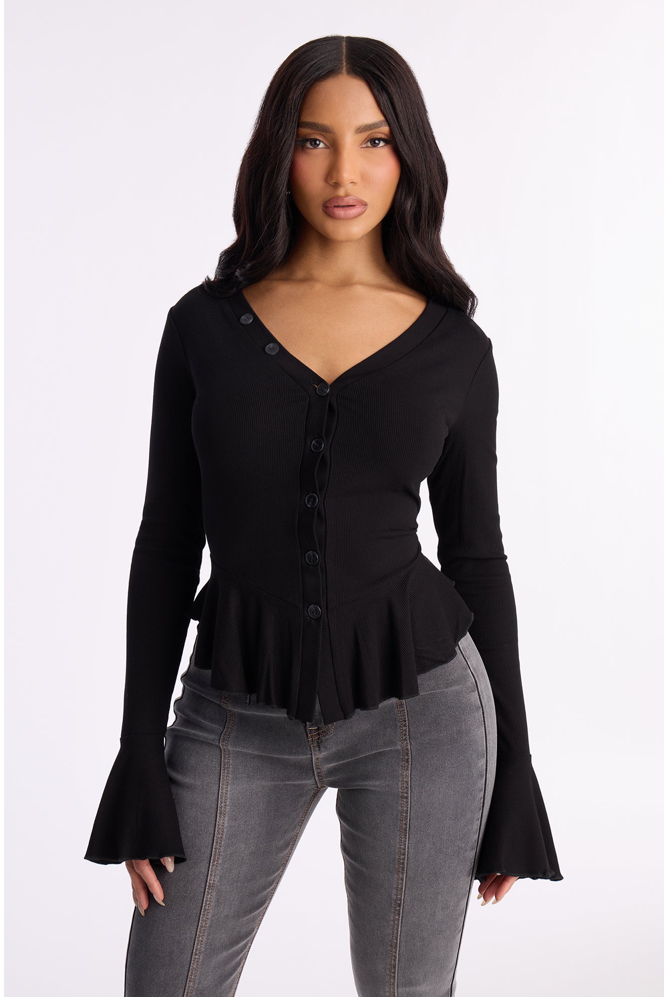 Arrow Long Sleeve Button Up Top - Black