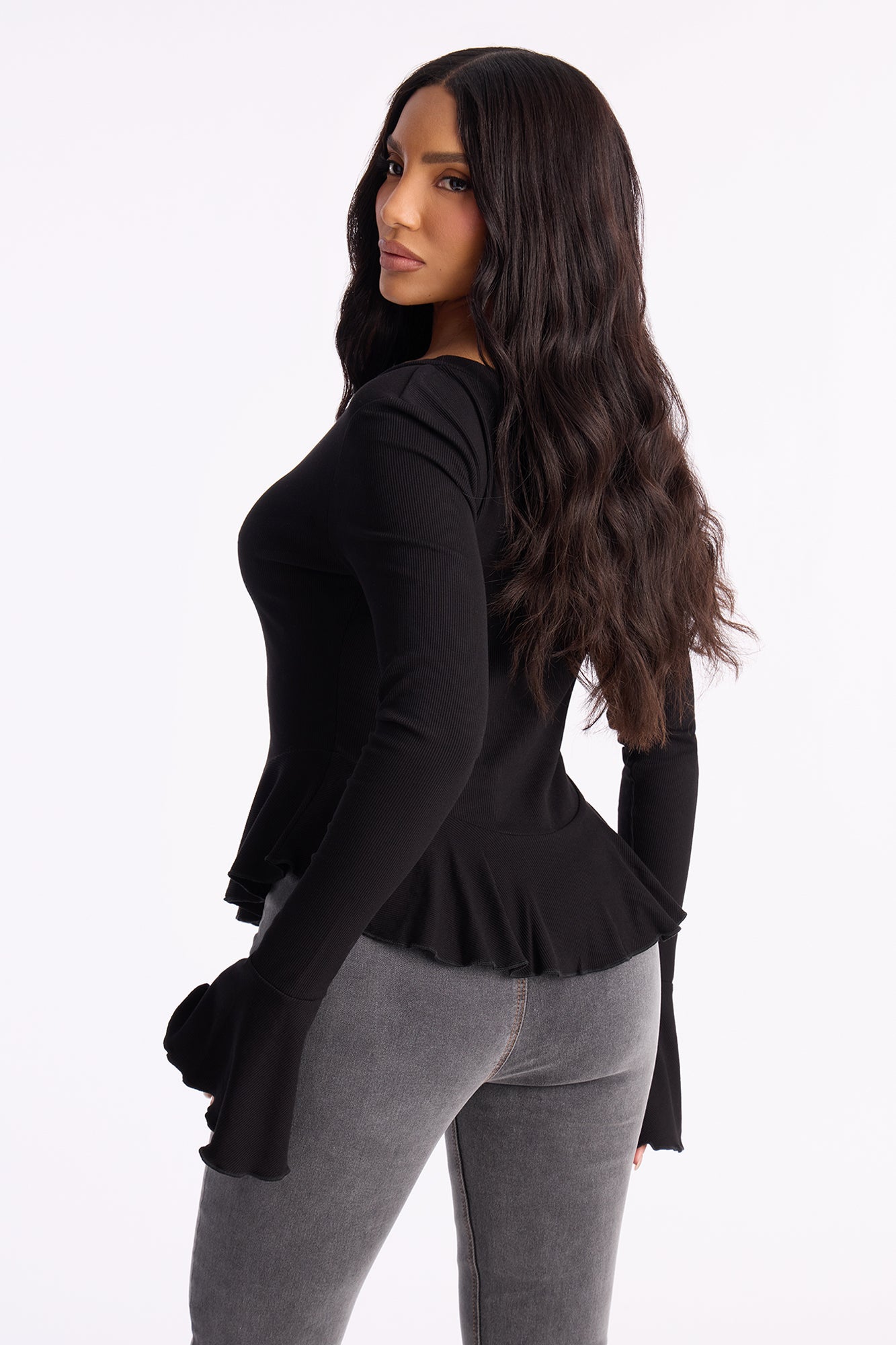 Arrow Long Sleeve Button Up Top - Black