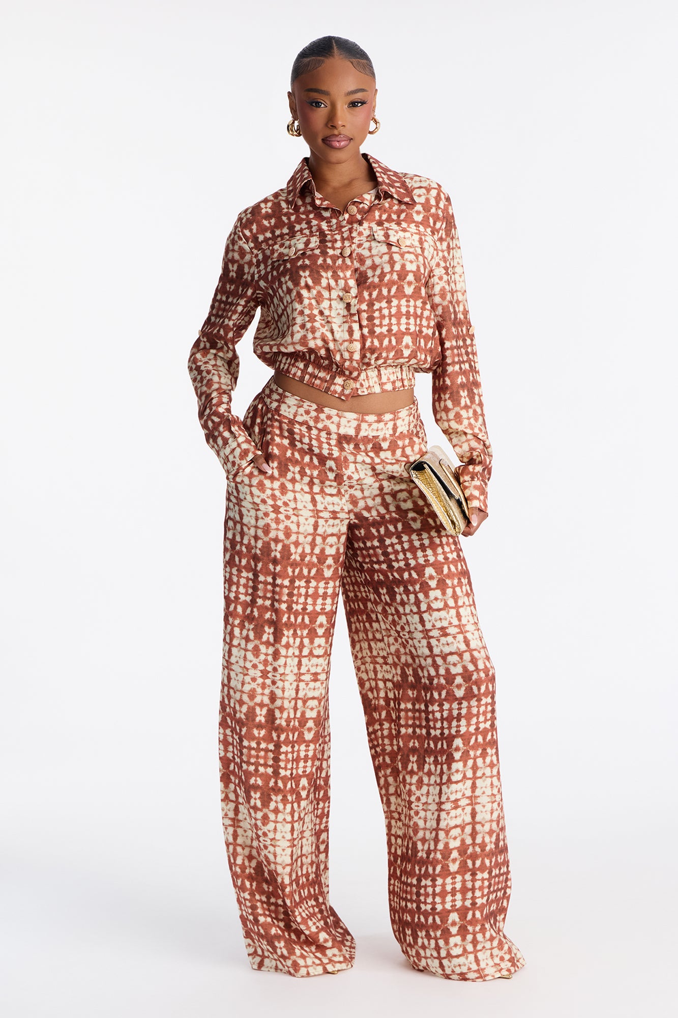 Feel A Breeze Long Sleeve Wide Leg Pant Set - Rust/combo