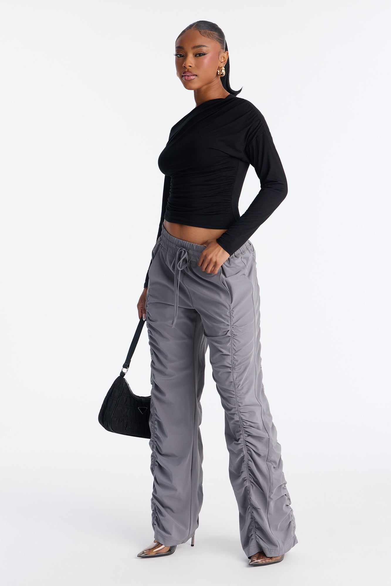Maddie Ruched Windbreaker Wide Leg Pant - Charcoal