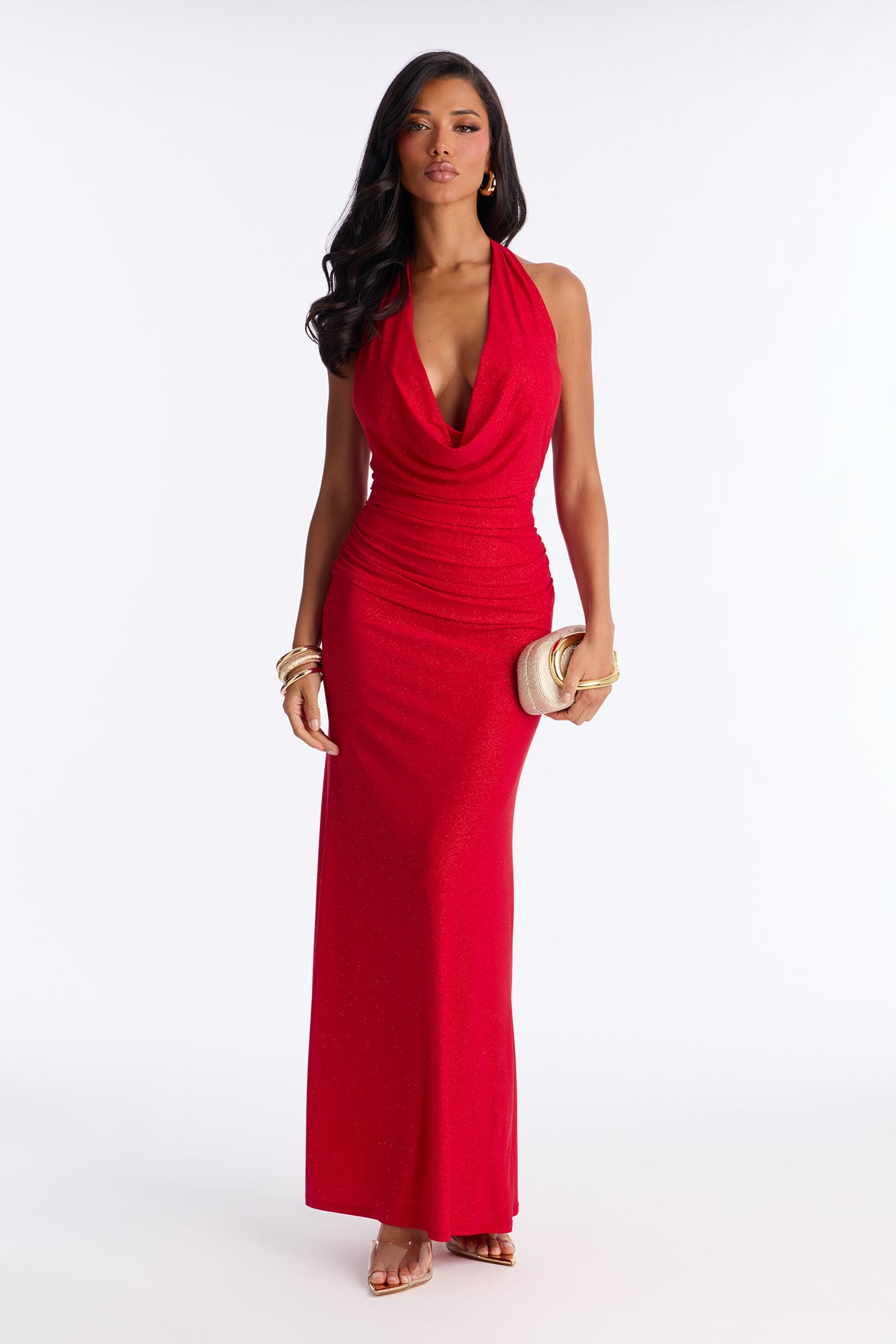 Red Carpet Moment Cowl Neck Glitter Maxi Dress - Red