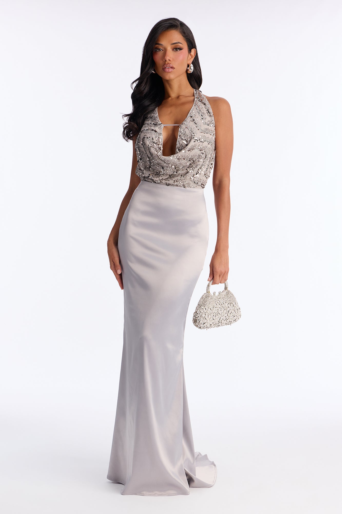 Revina Sequin Satin Gown - Silver