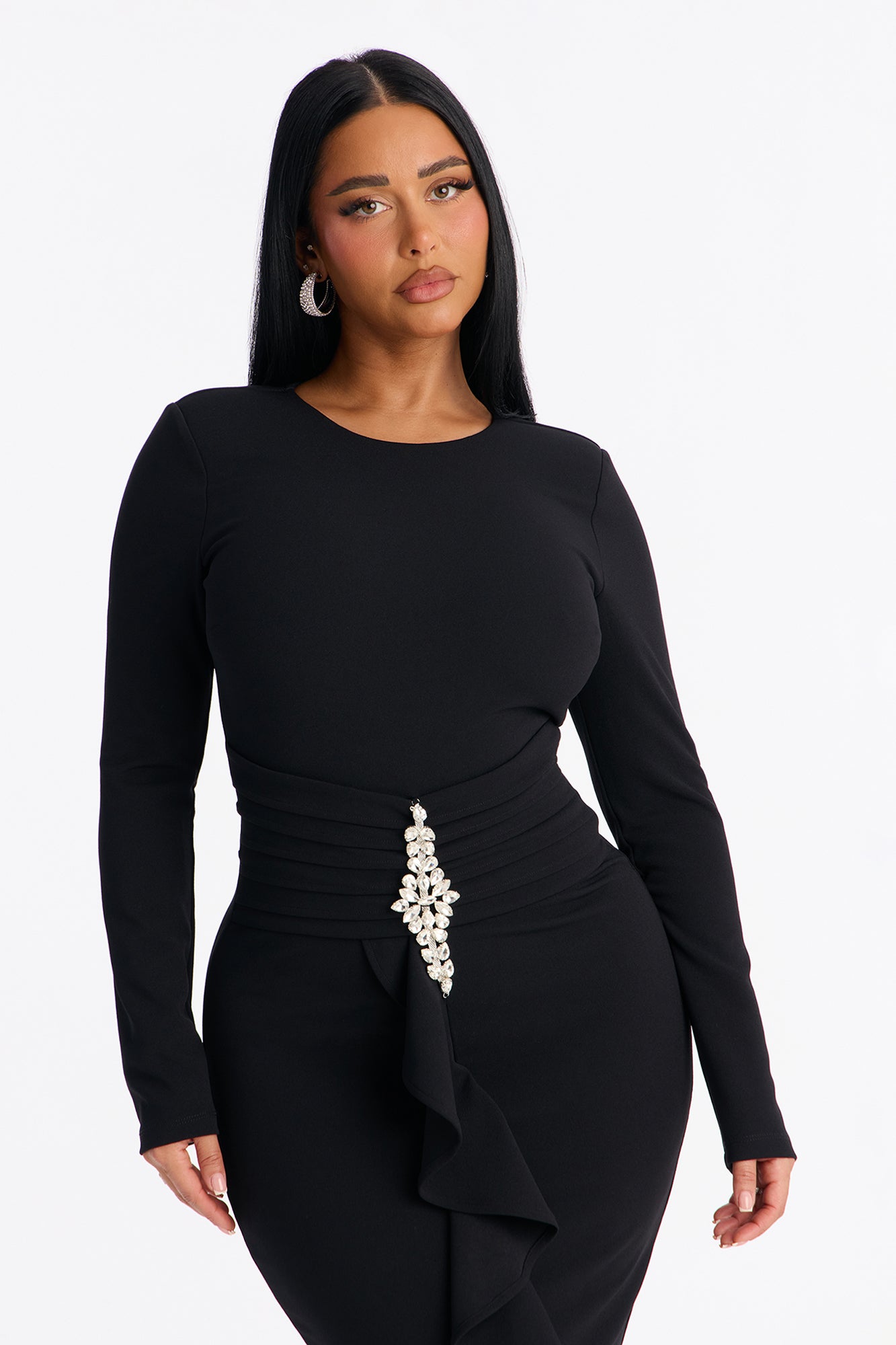 Mandy Long Sleeve Ruffle Midi Dress - Black