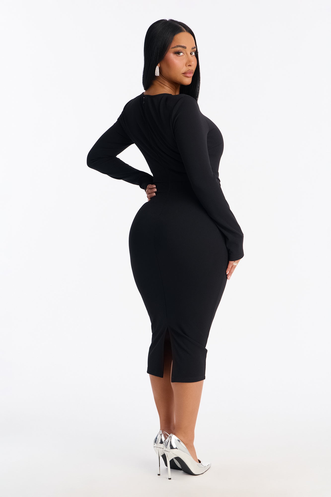 Mandy Long Sleeve Ruffle Midi Dress - Black