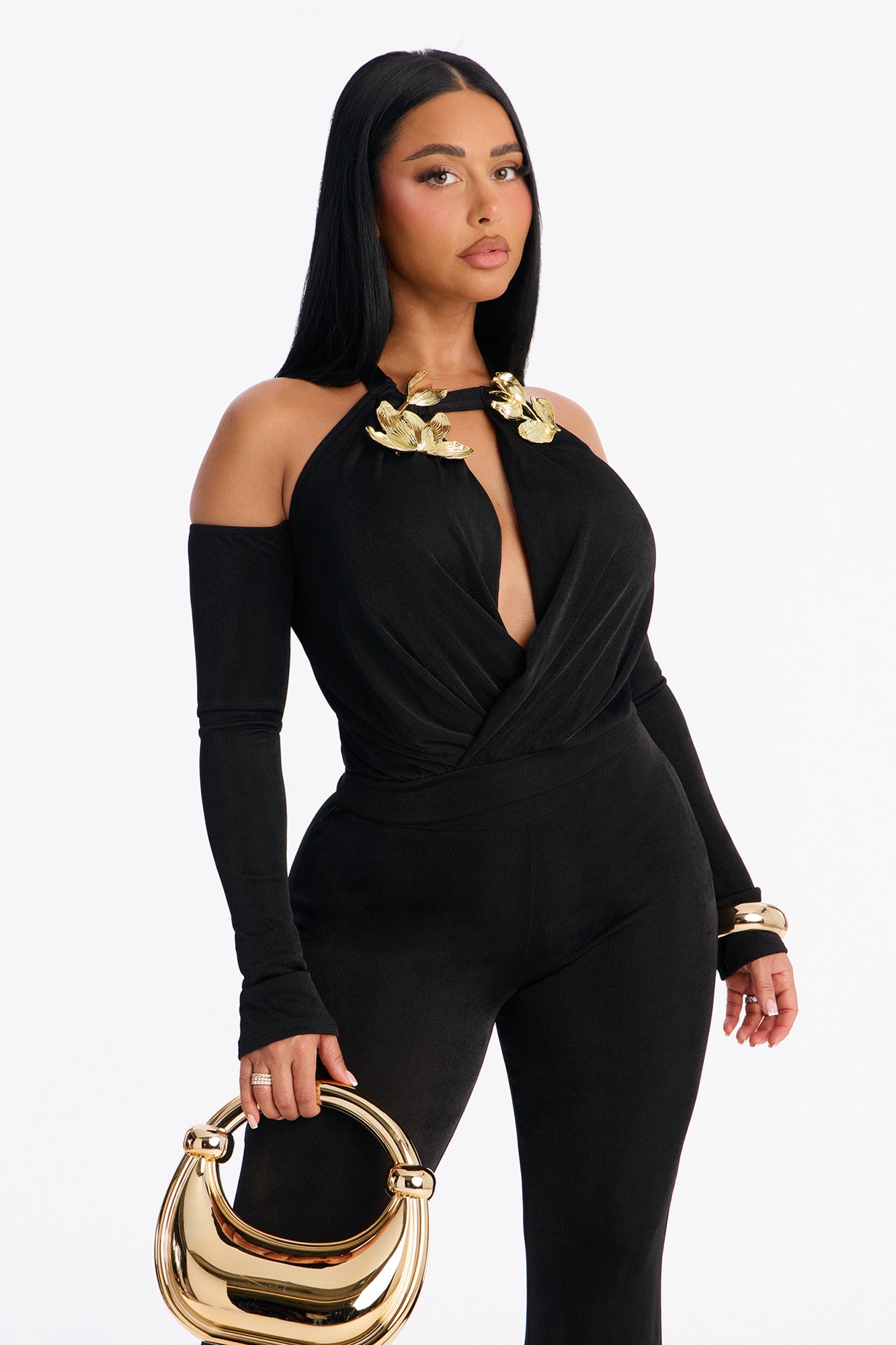 Marysa Cold Shoulder Hardware Pant Set - Black