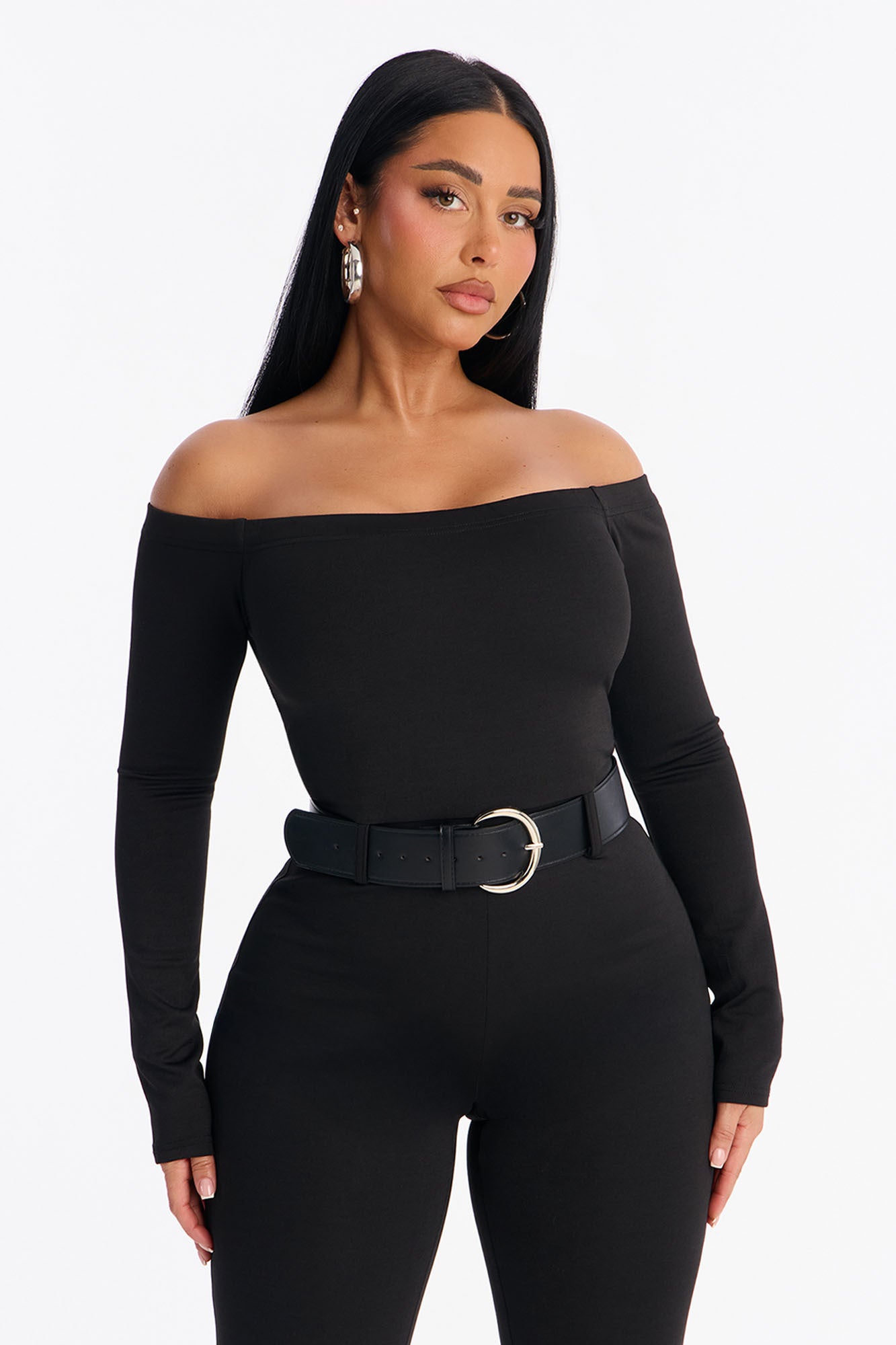 Jayna Belted Off Shoulder Catsuit - Black