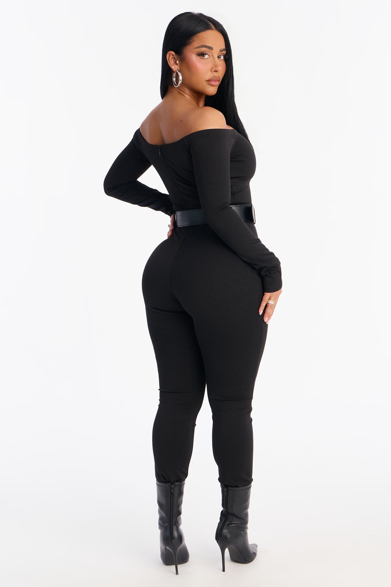 Jayna Belted Off Shoulder Catsuit - Black