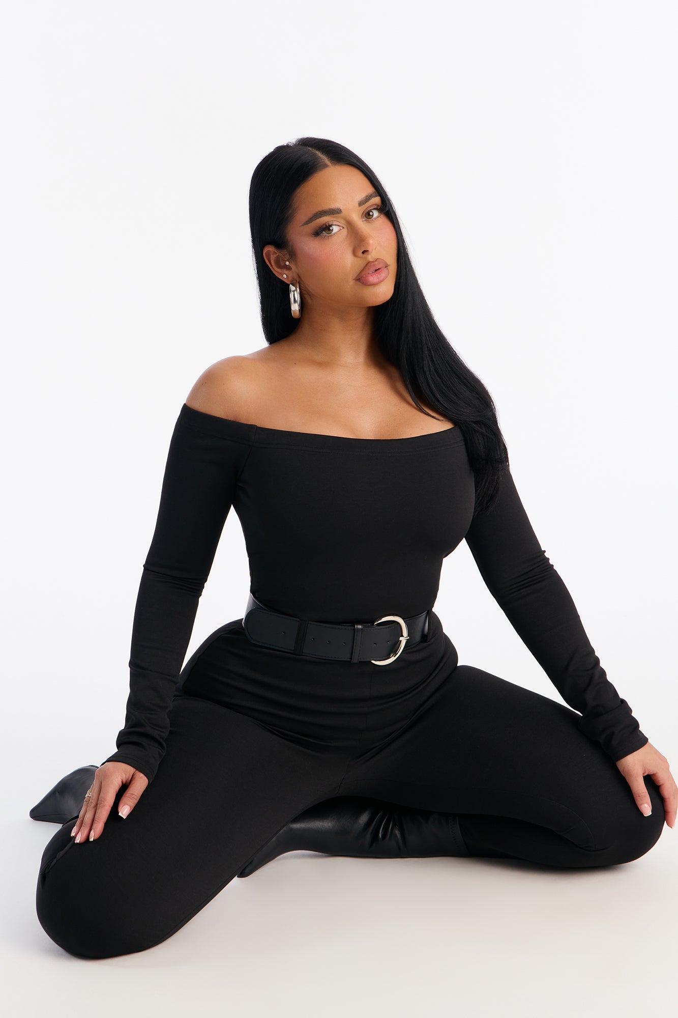 Jayna Belted Off Shoulder Catsuit - Black
