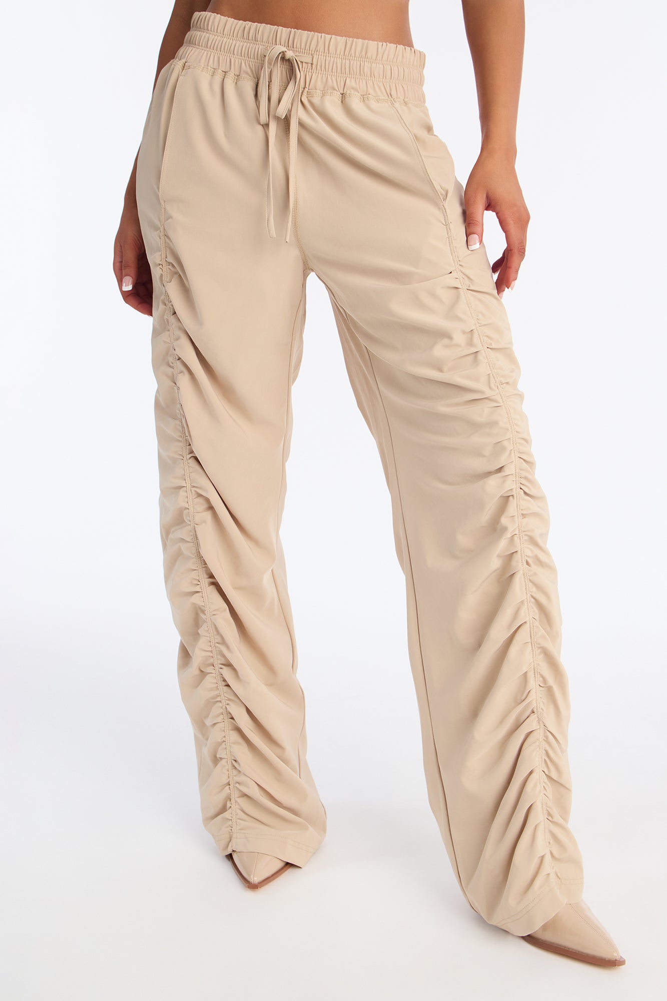 Maddie Ruched Windbreaker Wide Leg Pant - Sand